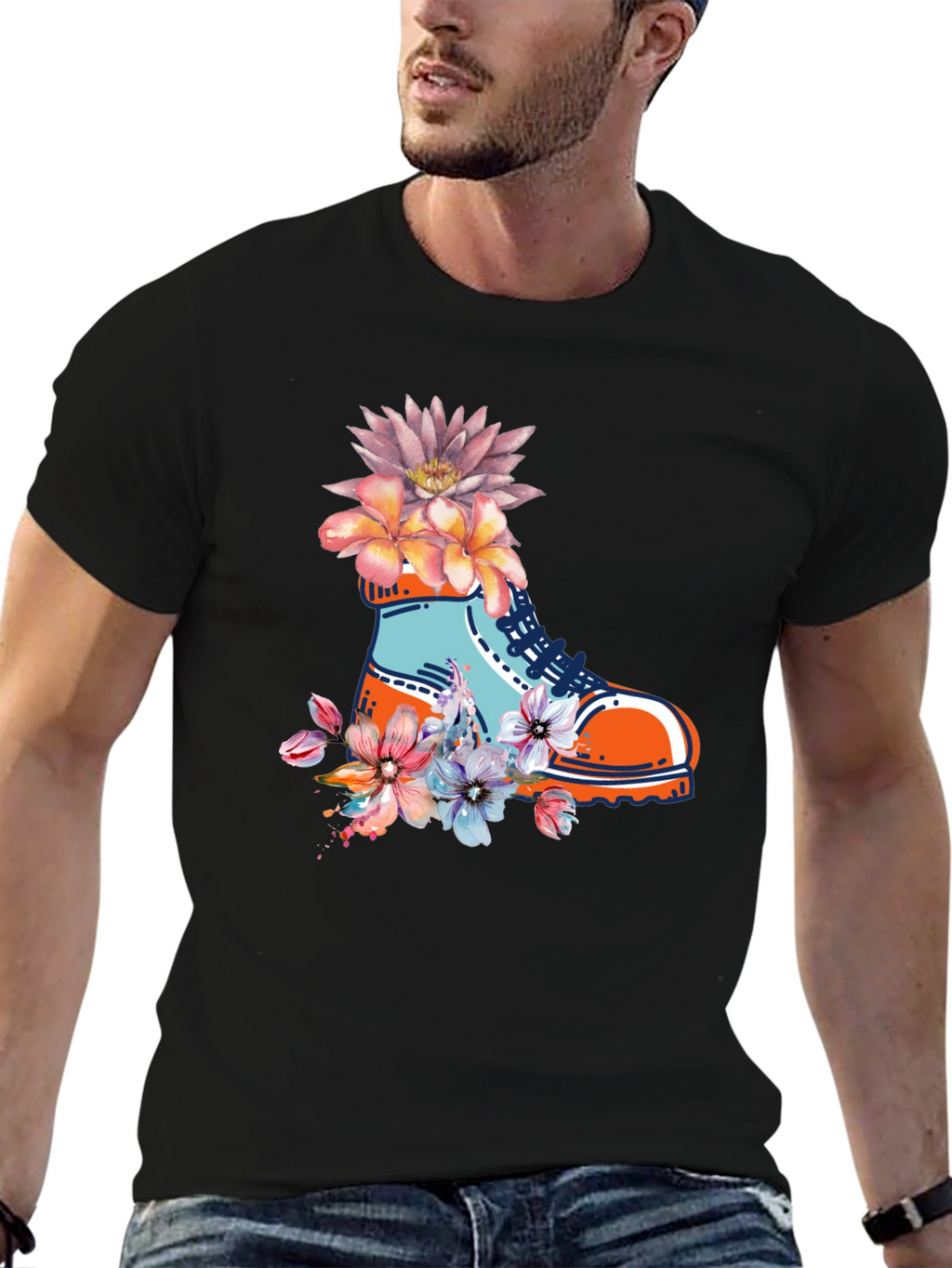 Floral Boot Print Black T-Shirt