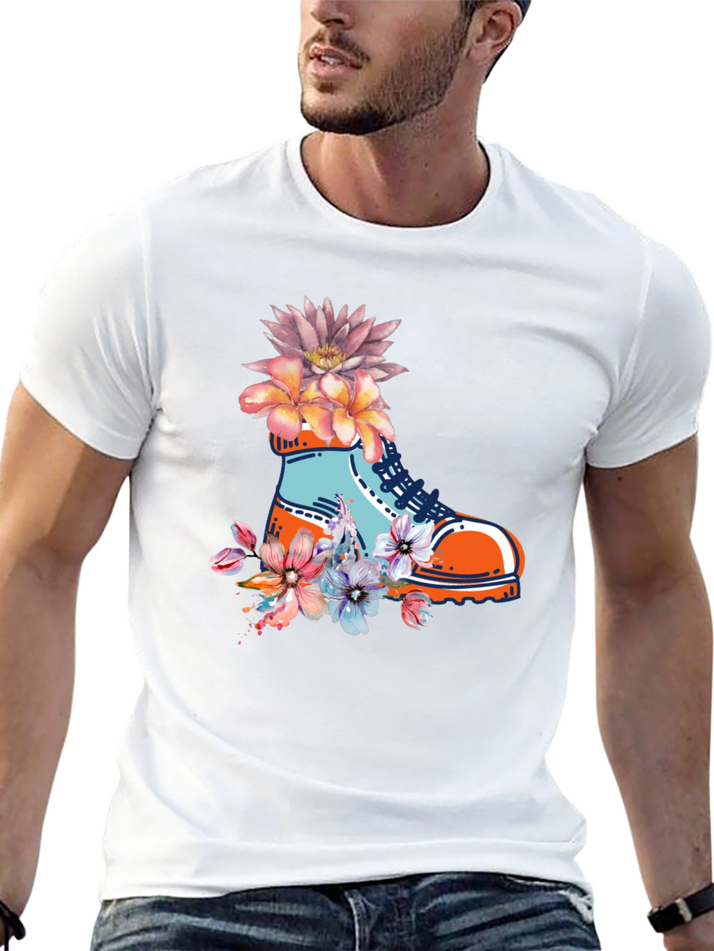 Floral Boot Print Black T-Shirt