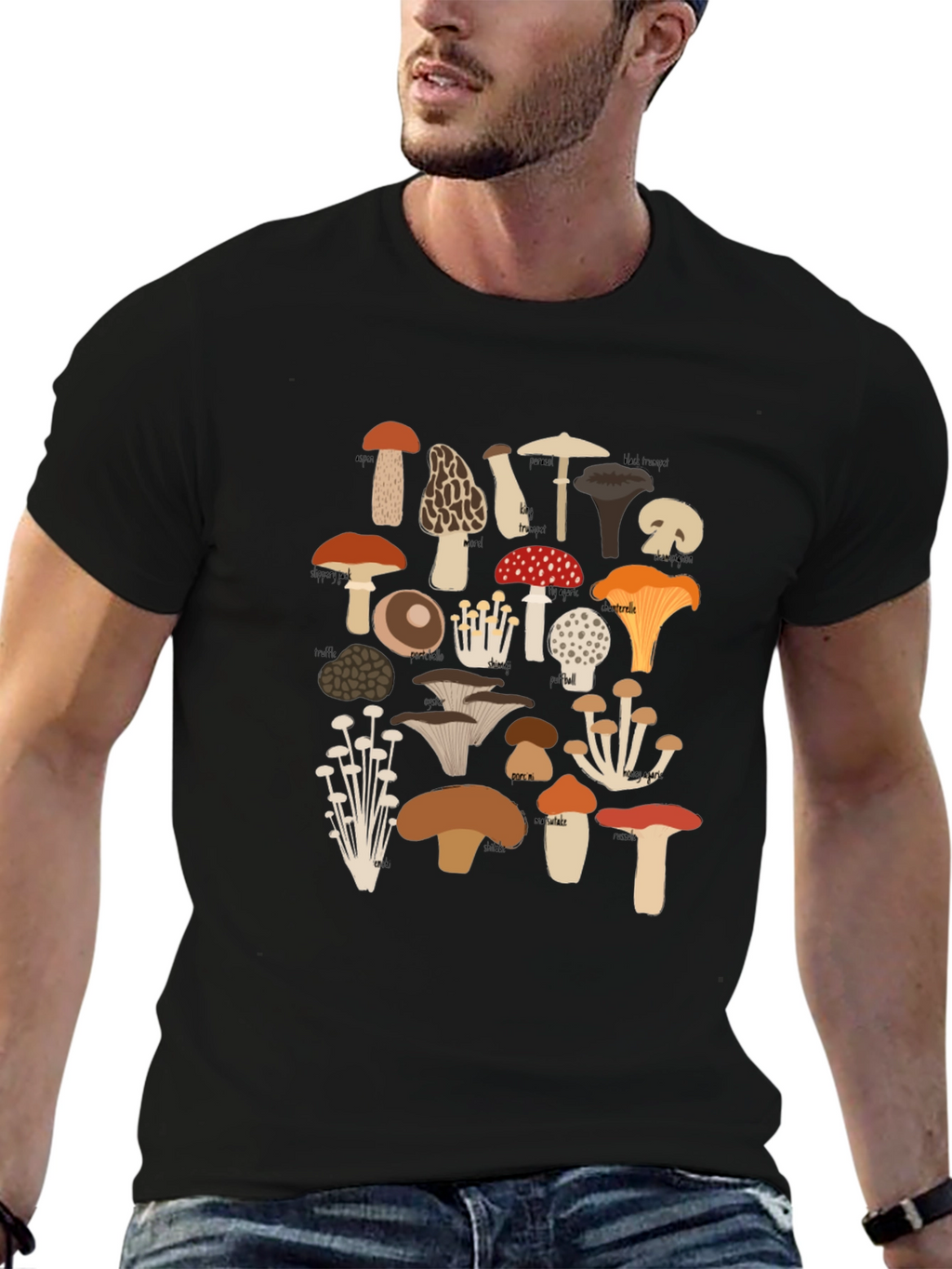 Mushroom Print Tee - Nature Lovers Black T-Shirt