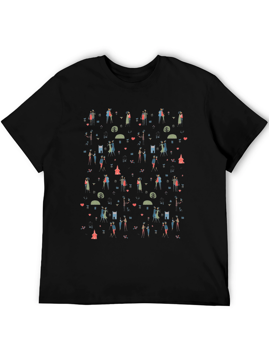 Quirky Couple Pattern T-Shirt - Black