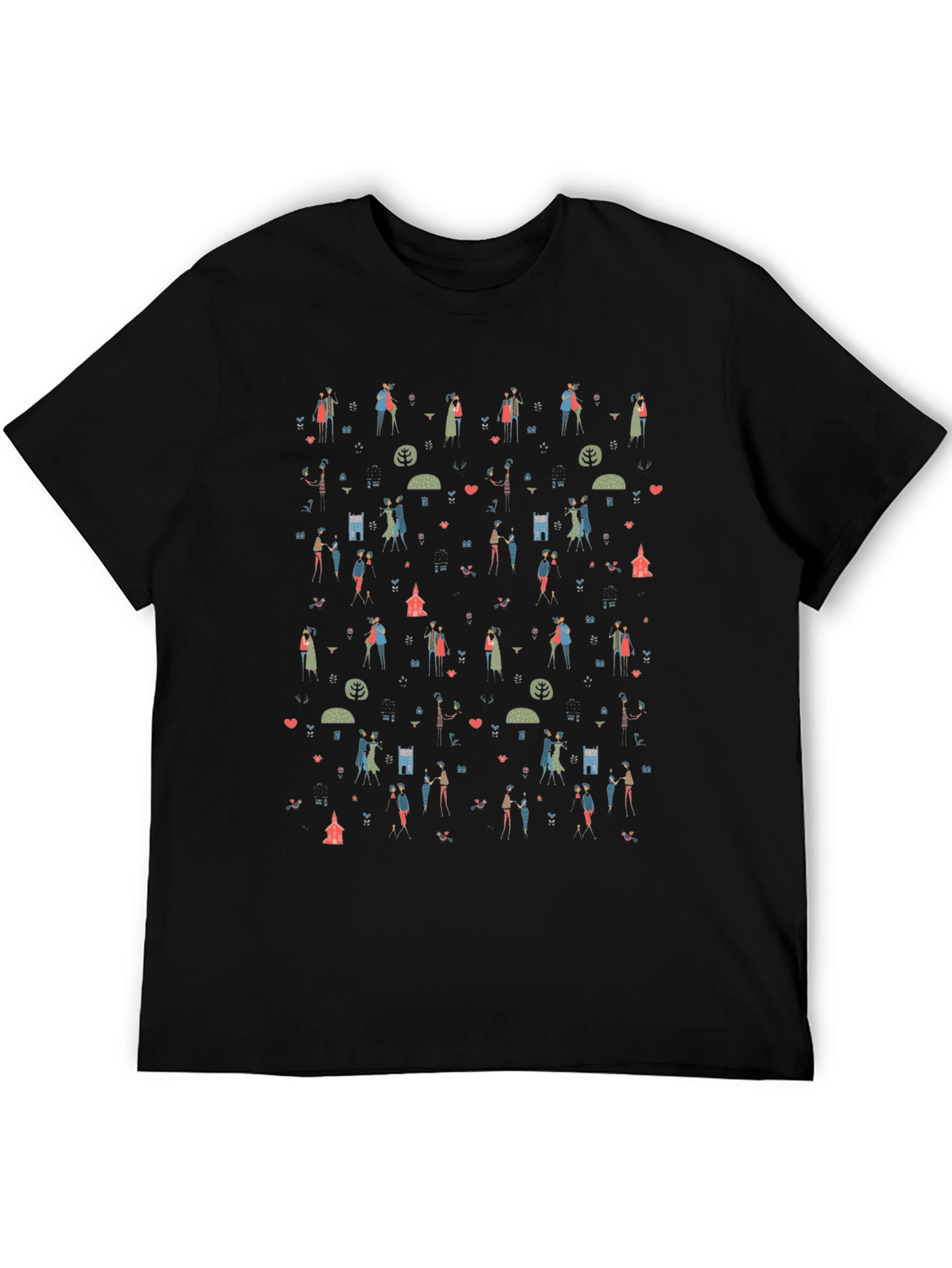Quirky Couple Pattern T-Shirt - Black