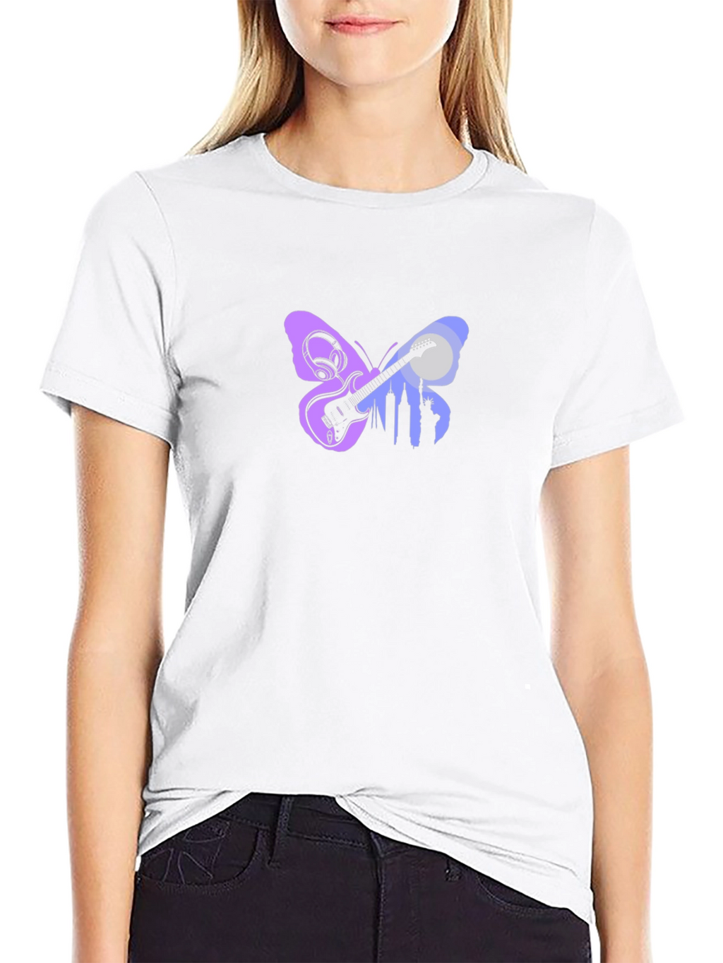 Butterfly Guitar Cityscape Black Graphic Tee