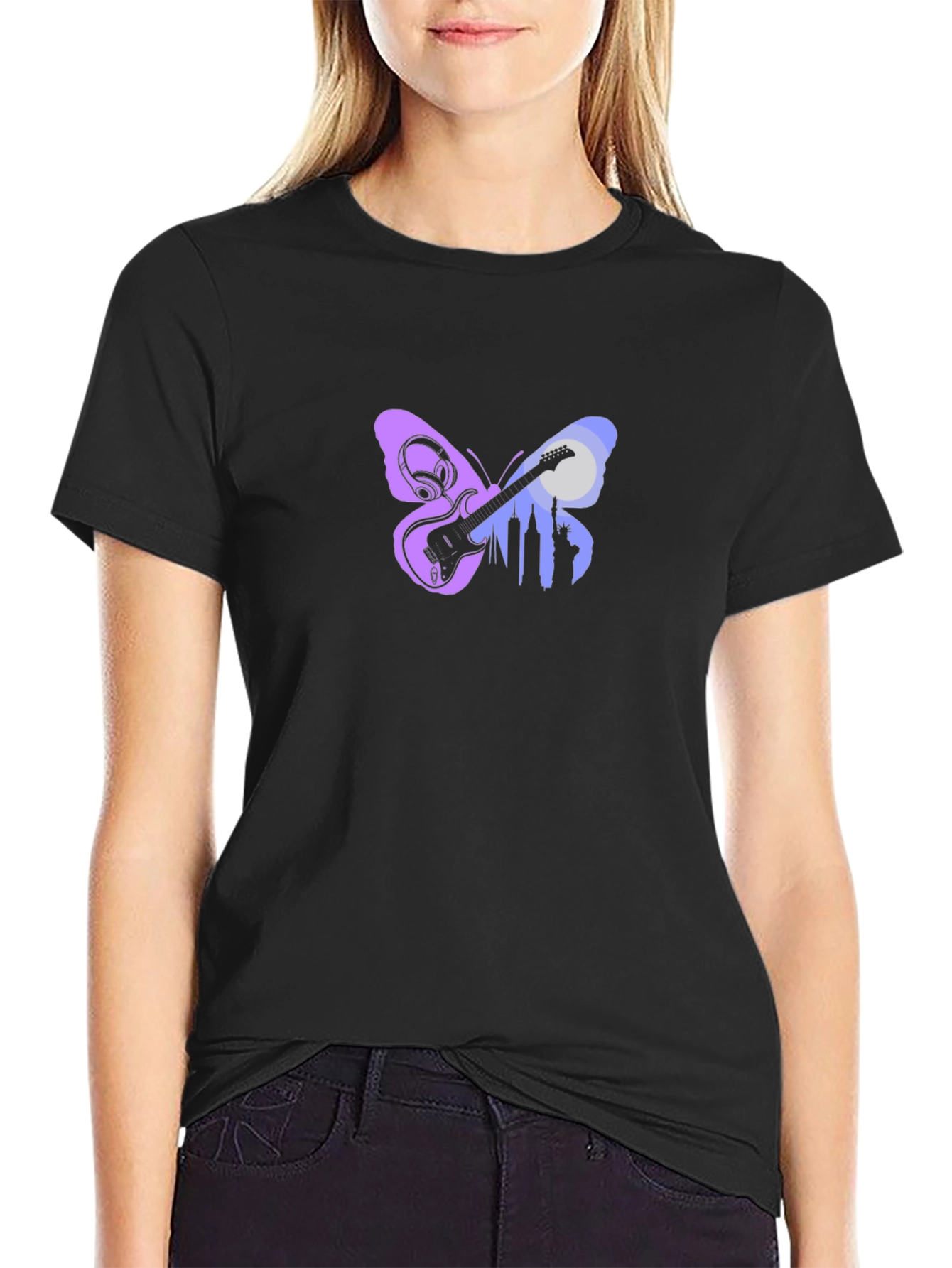 Butterfly Guitar Cityscape Black Graphic Tee
