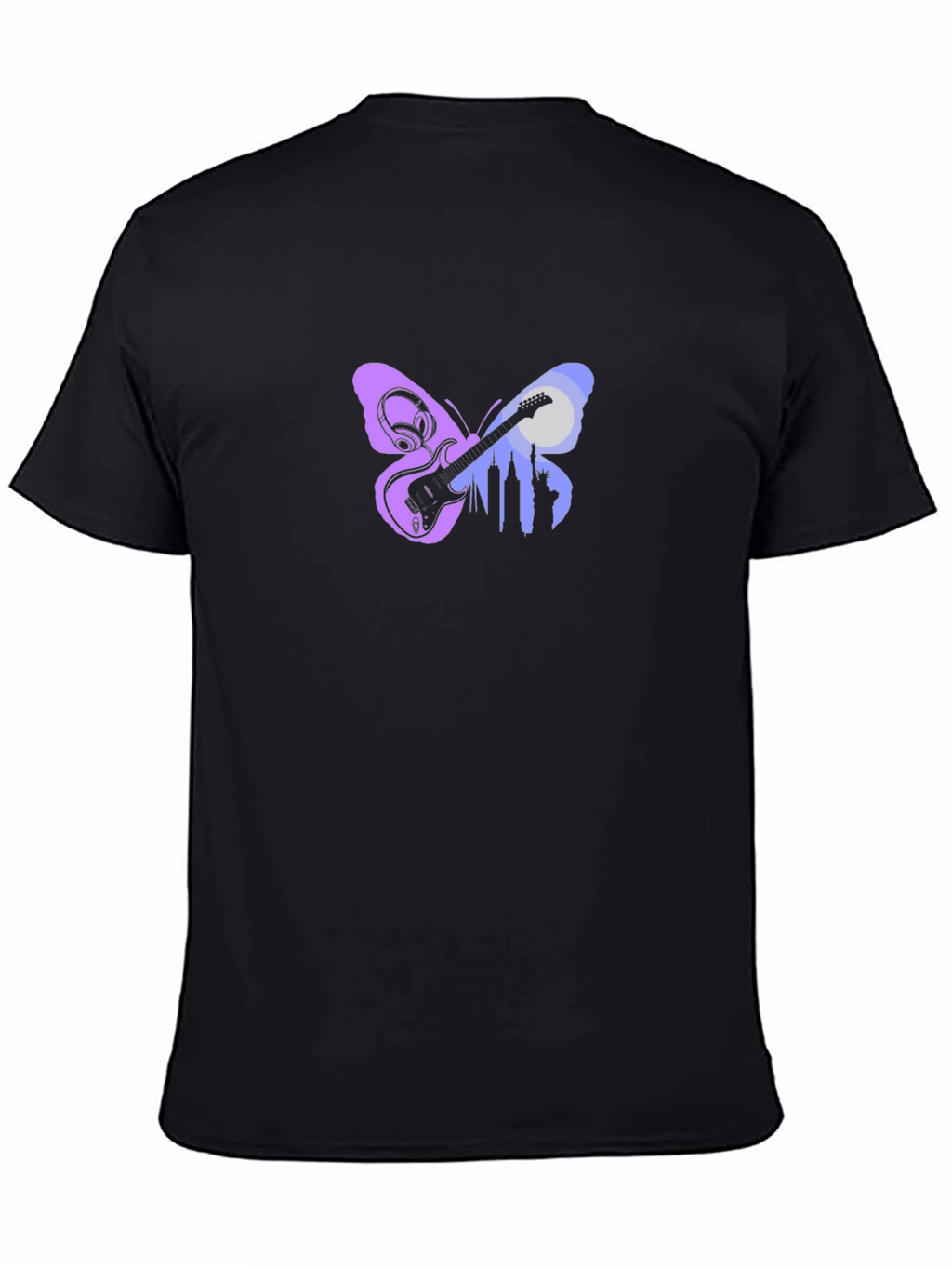 Butterfly Guitar Cityscape Black Graphic Tee