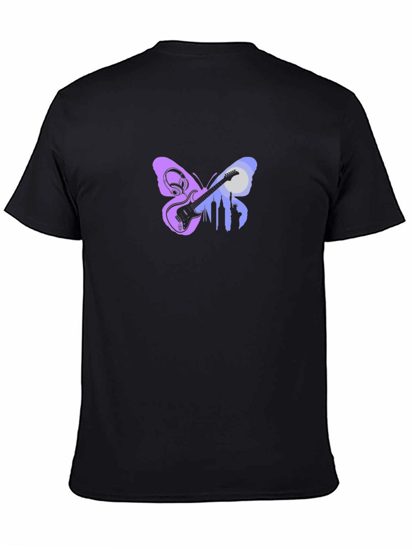 Butterfly Guitar Cityscape Black Graphic Tee