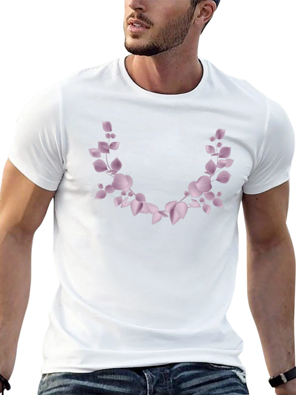 Mens Black T-Shirt with Floral Leaf Design