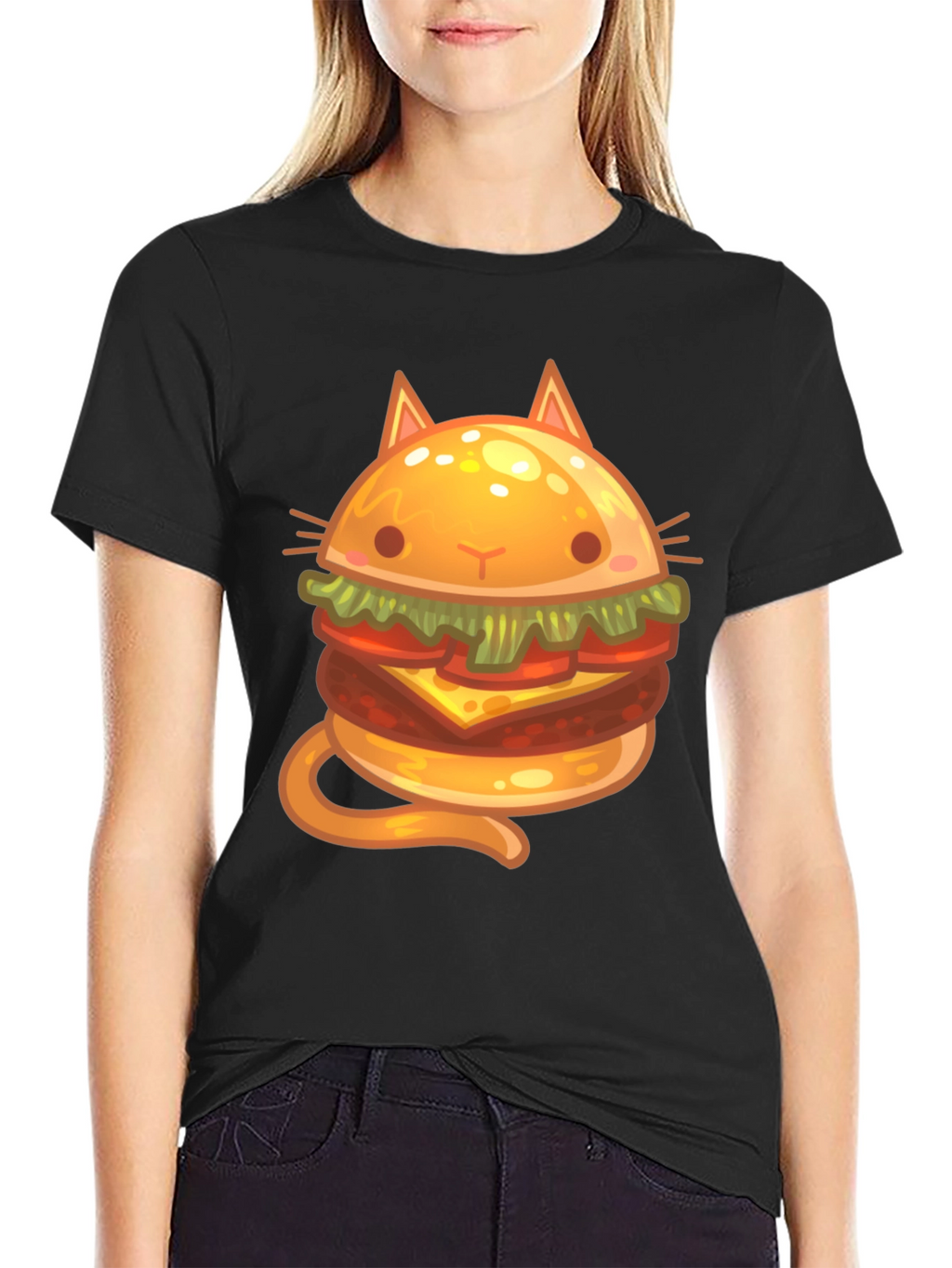 Cat Burger Graphic Print Black T-Shirt