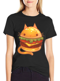 Cat Burger Graphic Print Black T-Shirt