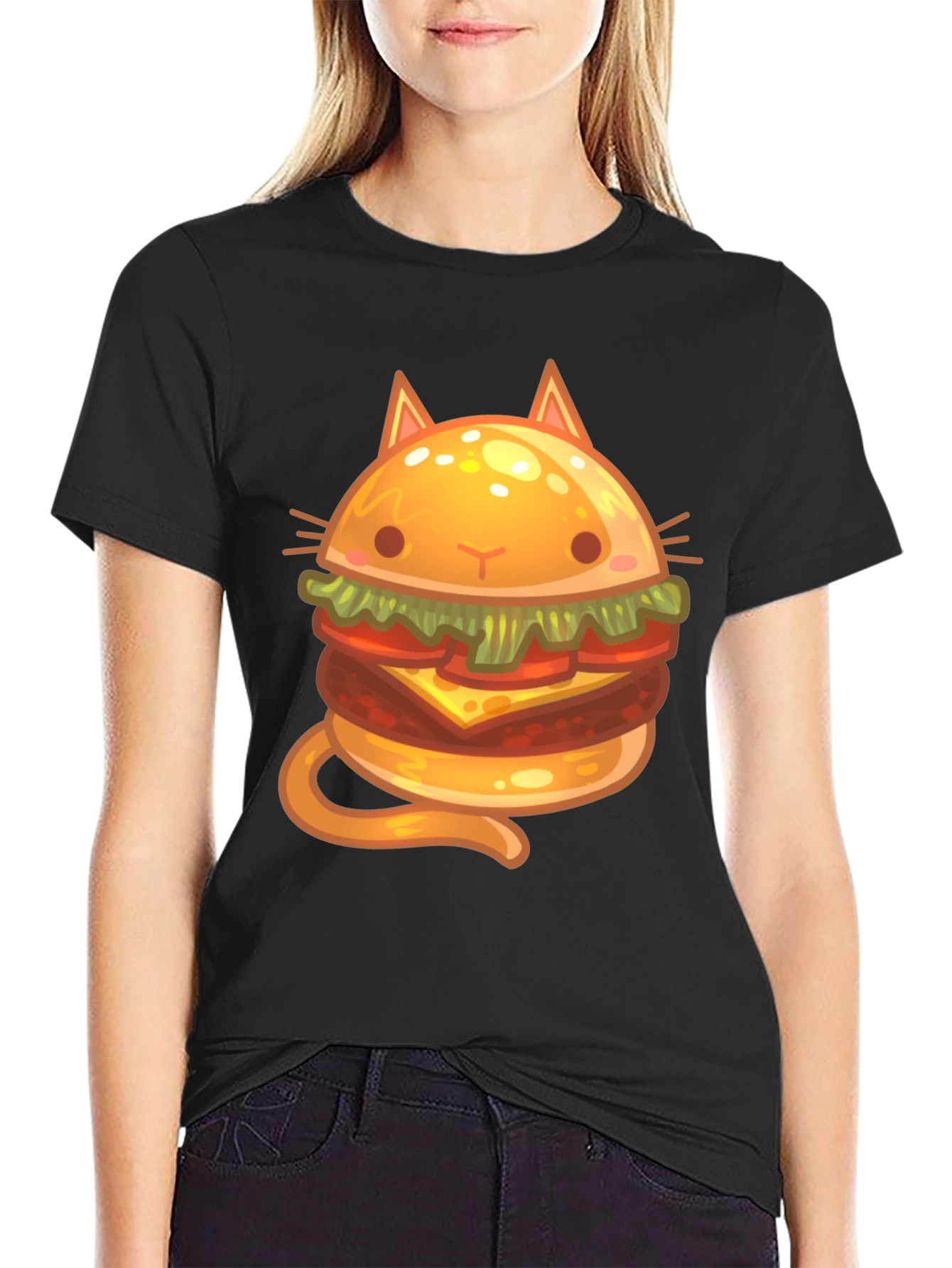 Cat Burger Graphic Print Black T-Shirt