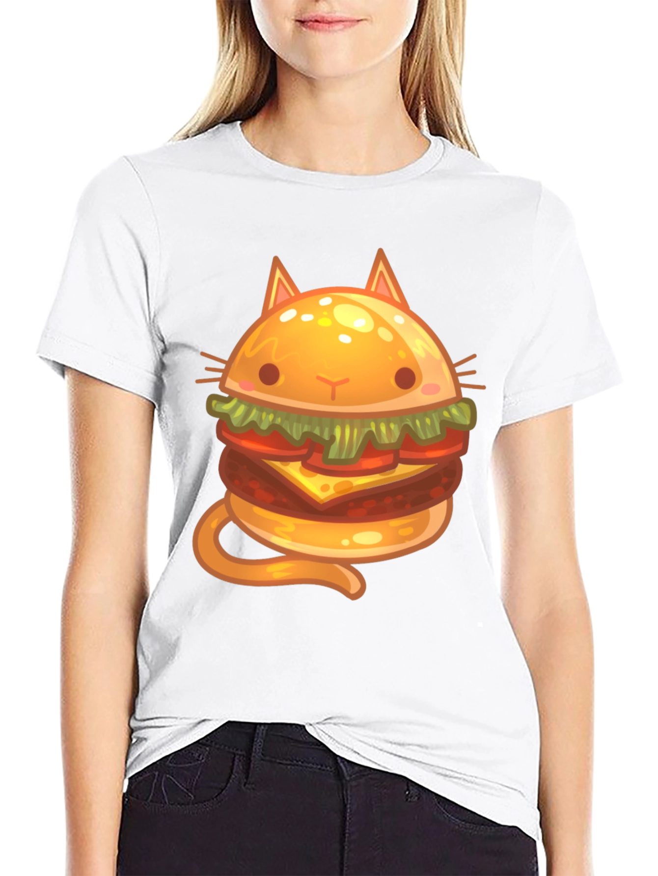 Cat Burger Graphic Print Black T-Shirt