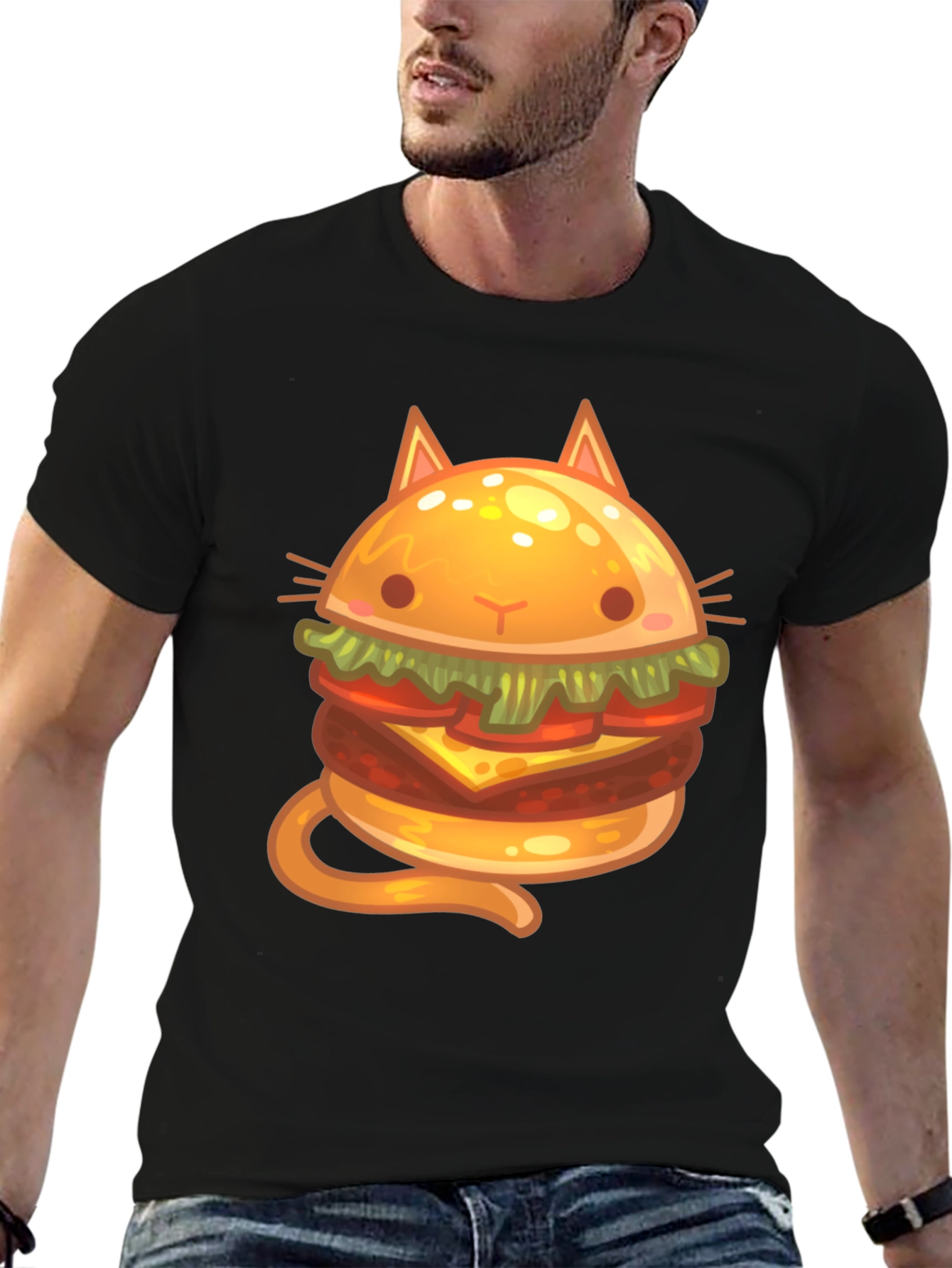 Cat Burger Graphic Print Black T-Shirt