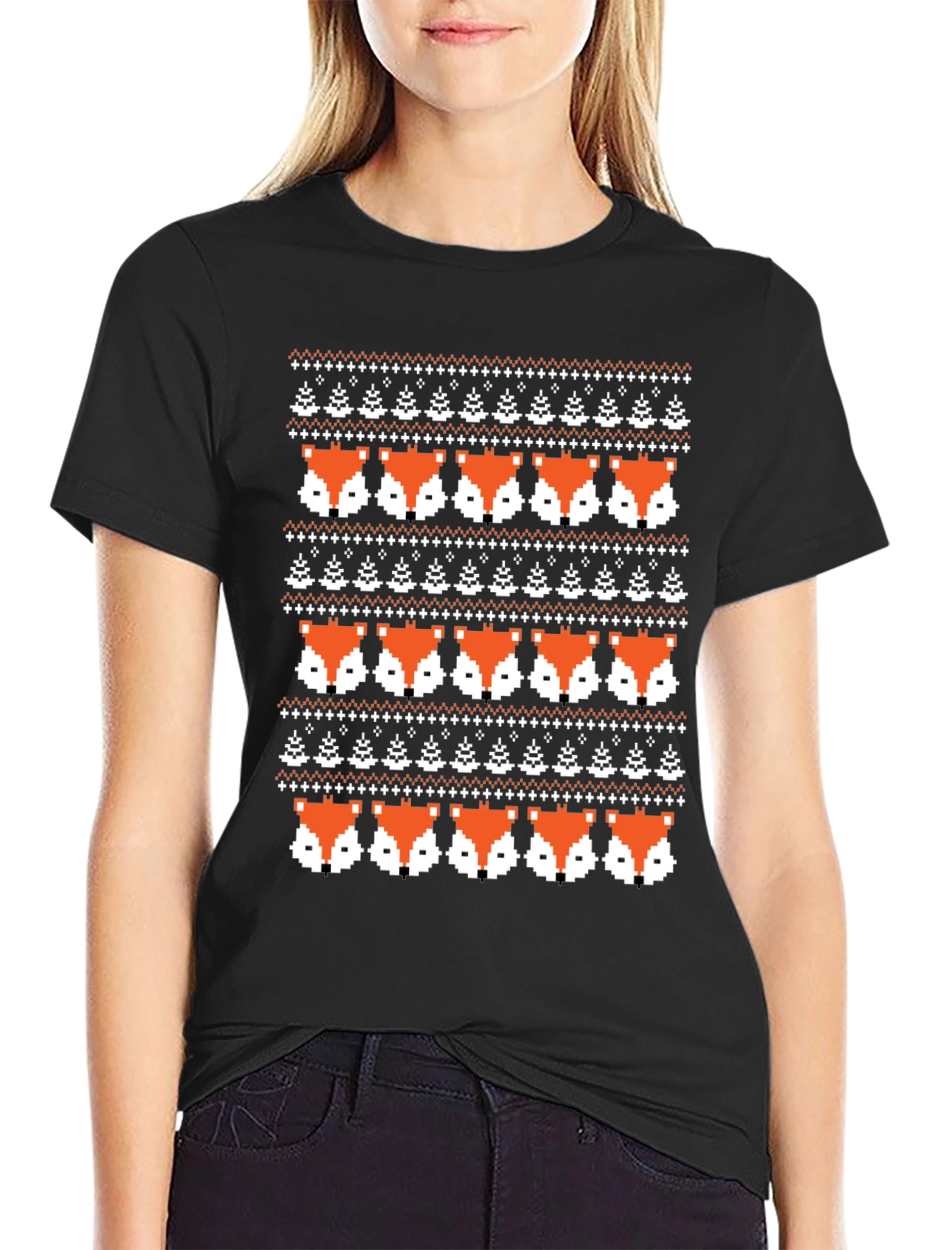 Pixel Fox Fair Isle Knit Pattern Graphic Tee
