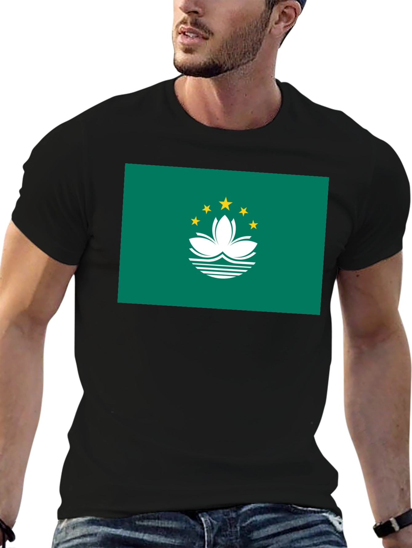 Macau Flag Graphic Tee - Black Cotton T-Shirt