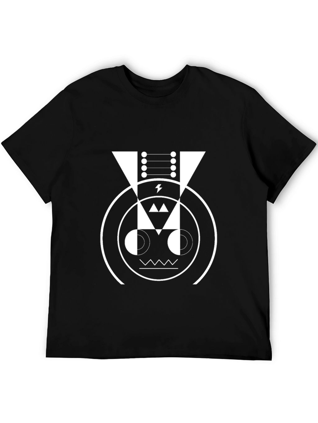 Geometric Robot Face Graphic Tee - Black Cotton Blend