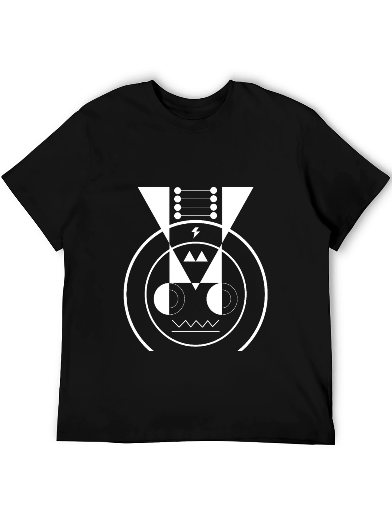 Geometric Robot Face Graphic Tee - Black Cotton Blend