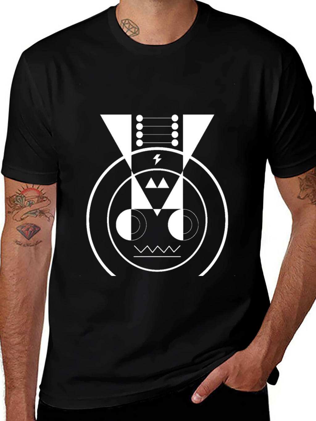 Geometric Robot Face Graphic Tee - Black Cotton Blend