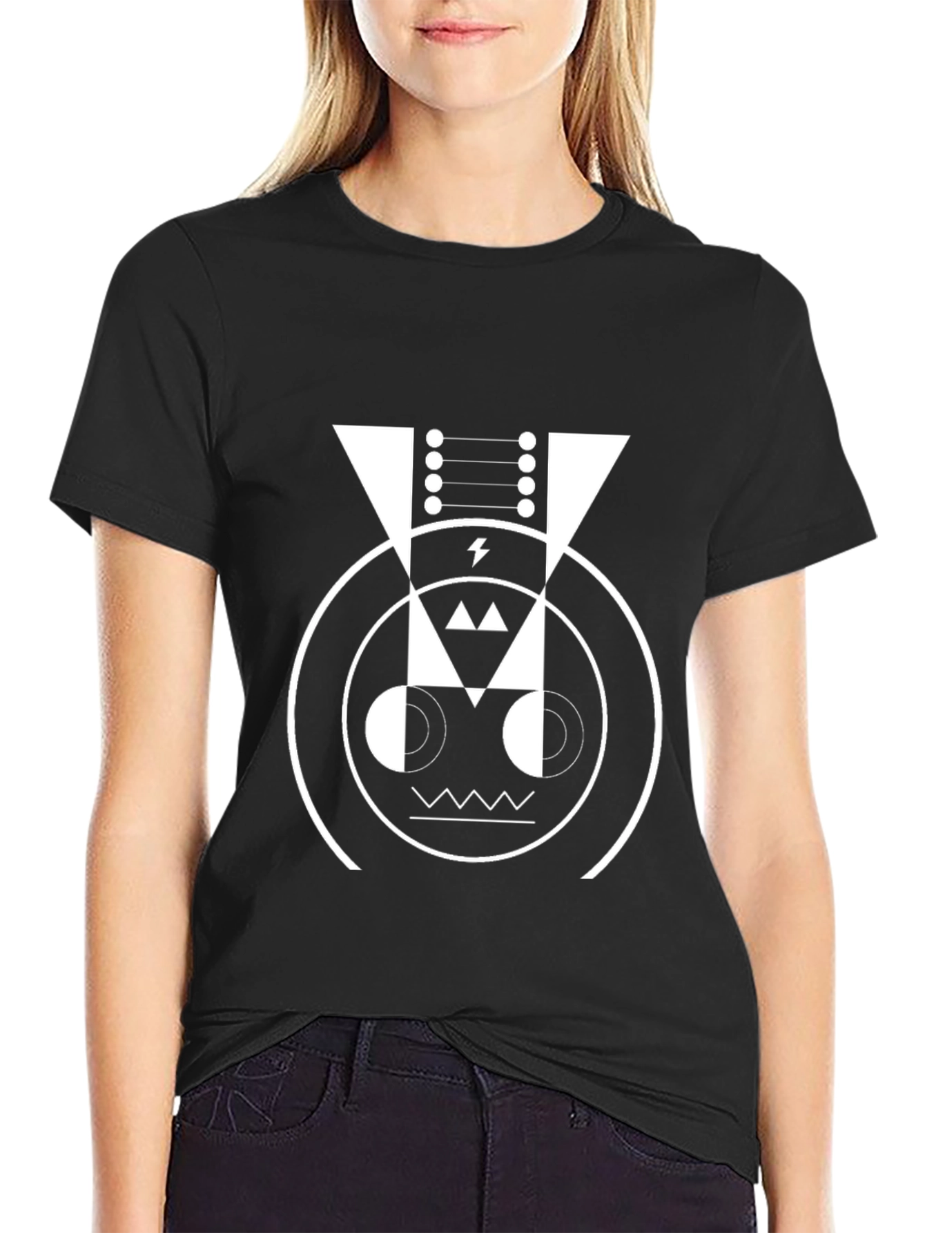 Geometric Robot Face Graphic Tee - Black Cotton Blend