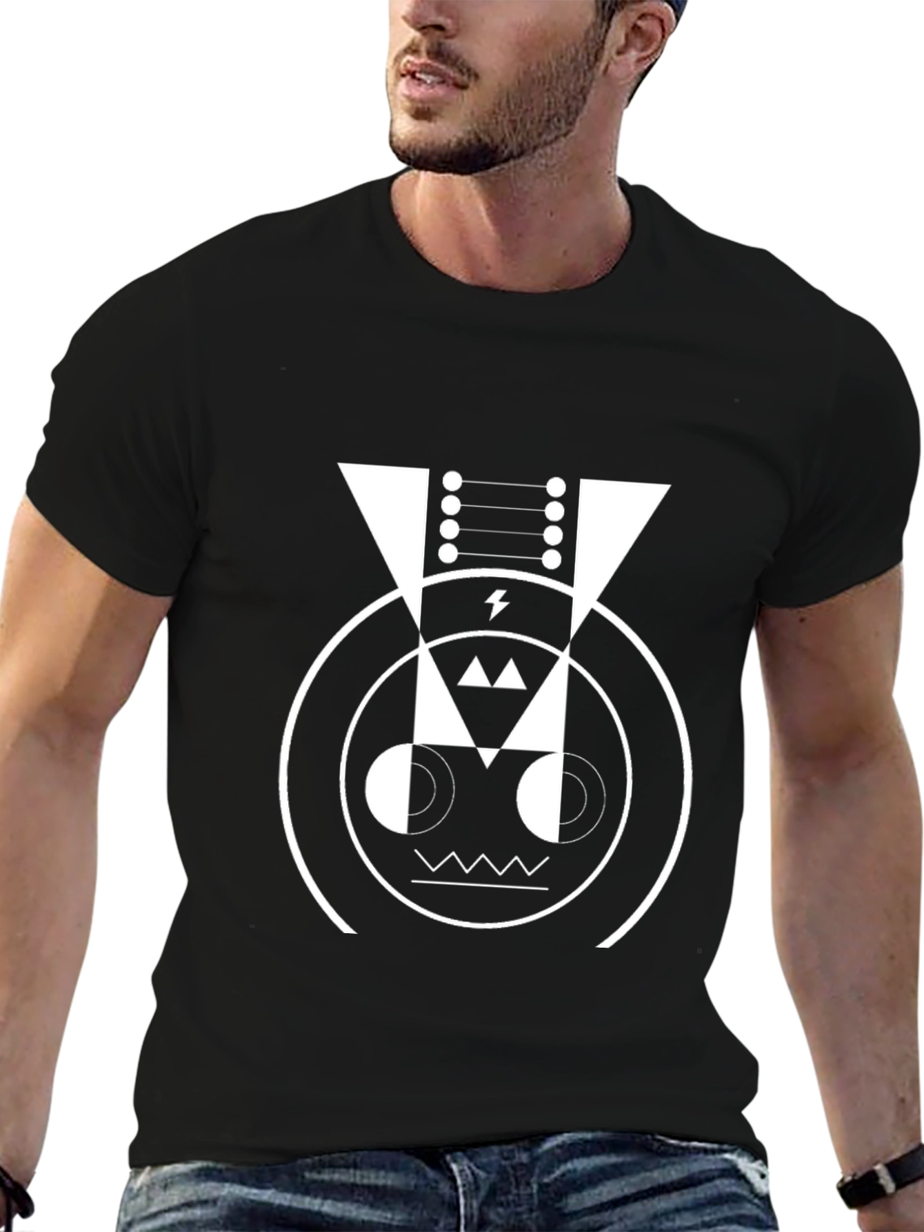 Geometric Robot Face Graphic Tee - Black Cotton Blend