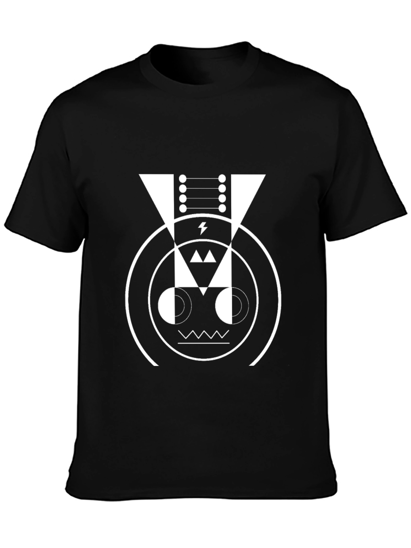 Geometric Robot Face Graphic Tee - Black Cotton Blend