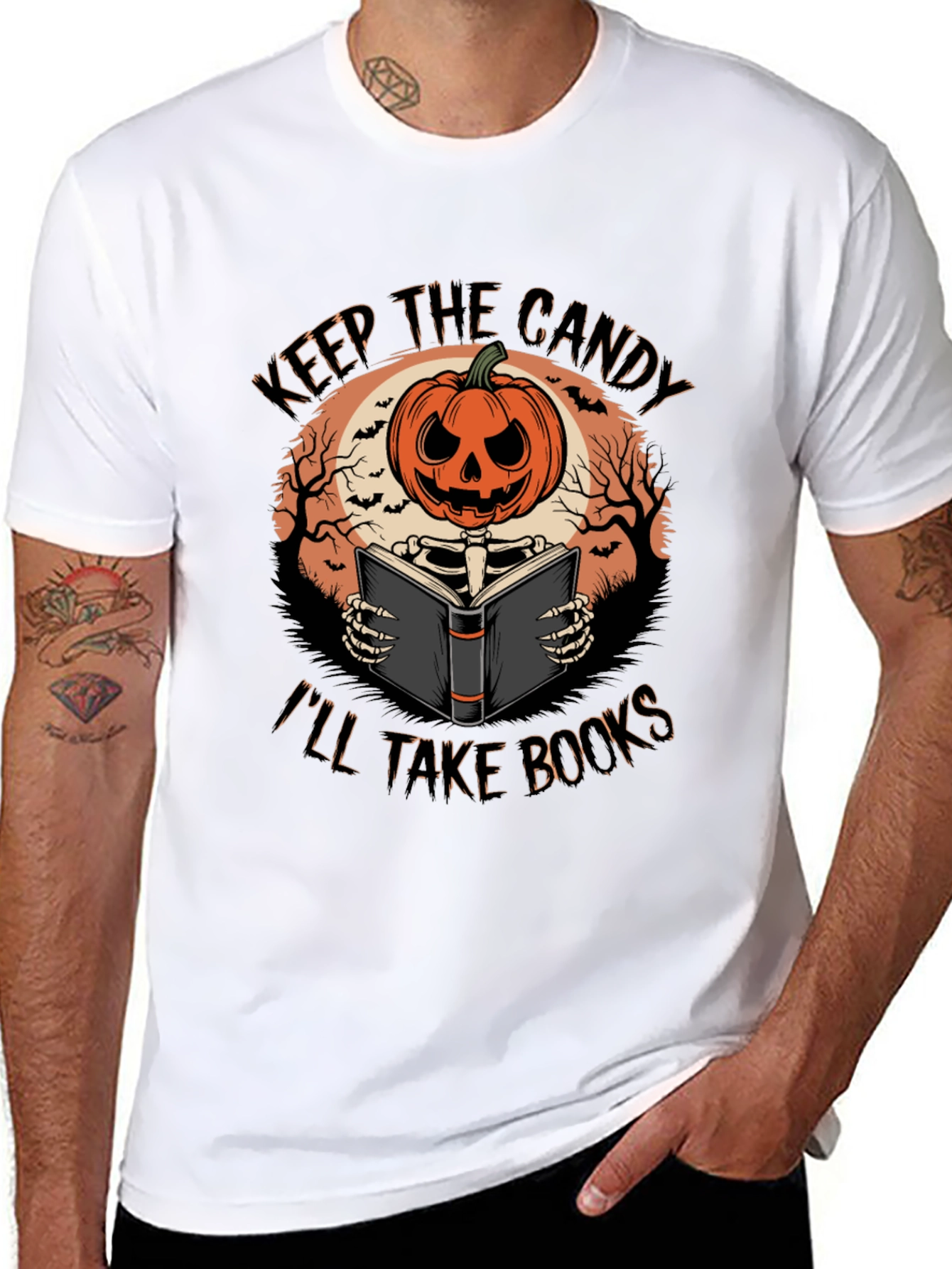 Halloween Pumpkin Skeleton Reading Book T-Shirt