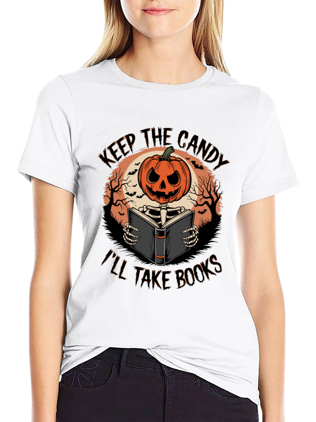Halloween Pumpkin Skeleton Reading Book T-Shirt