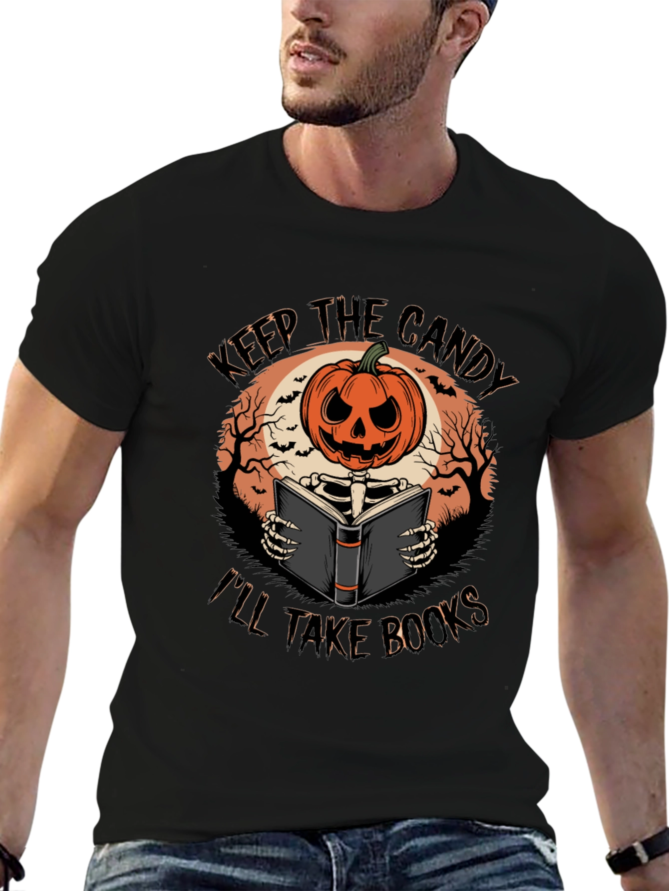 Halloween Pumpkin Skeleton Reading Book T-Shirt