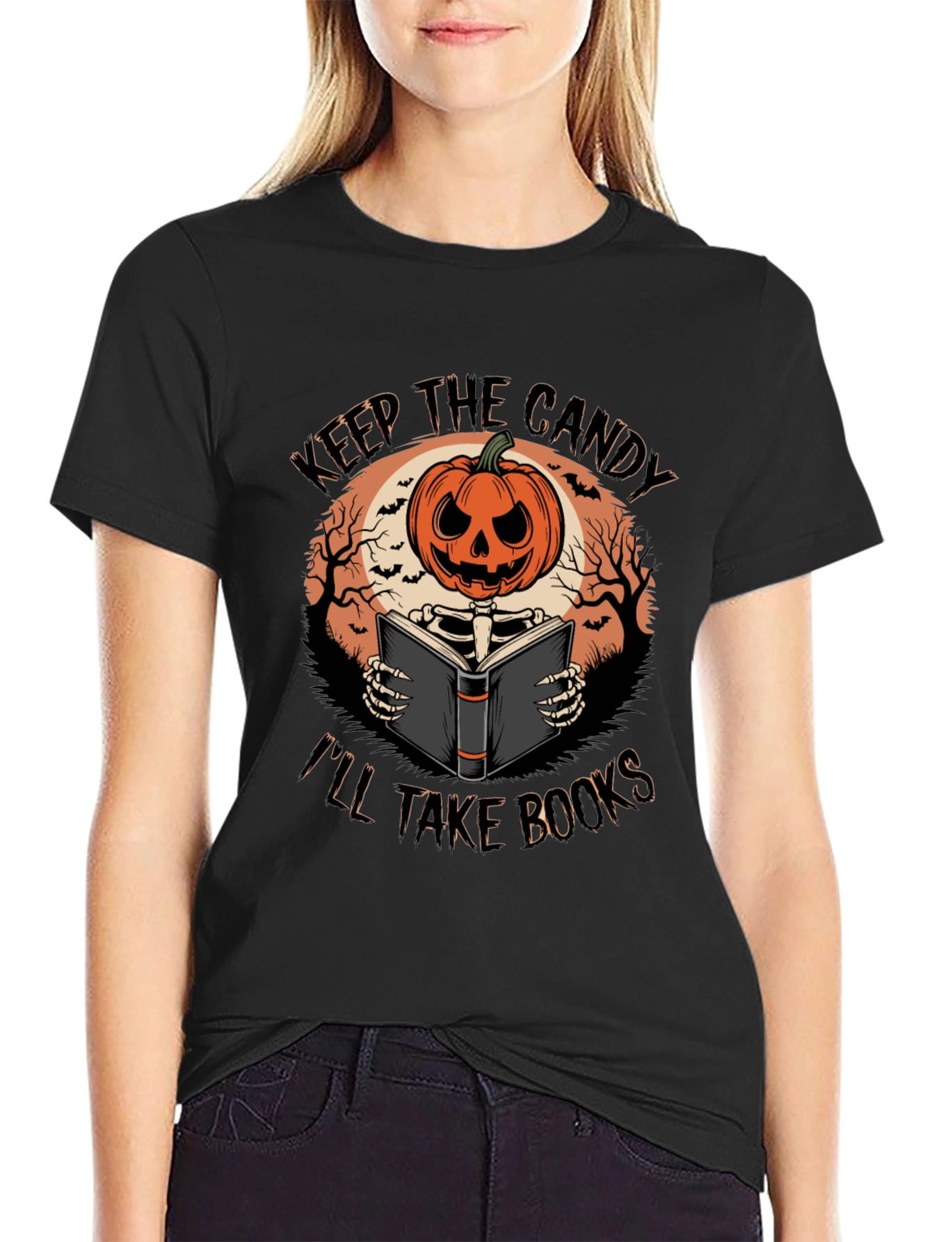 Halloween Pumpkin Skeleton Reading Book T-Shirt