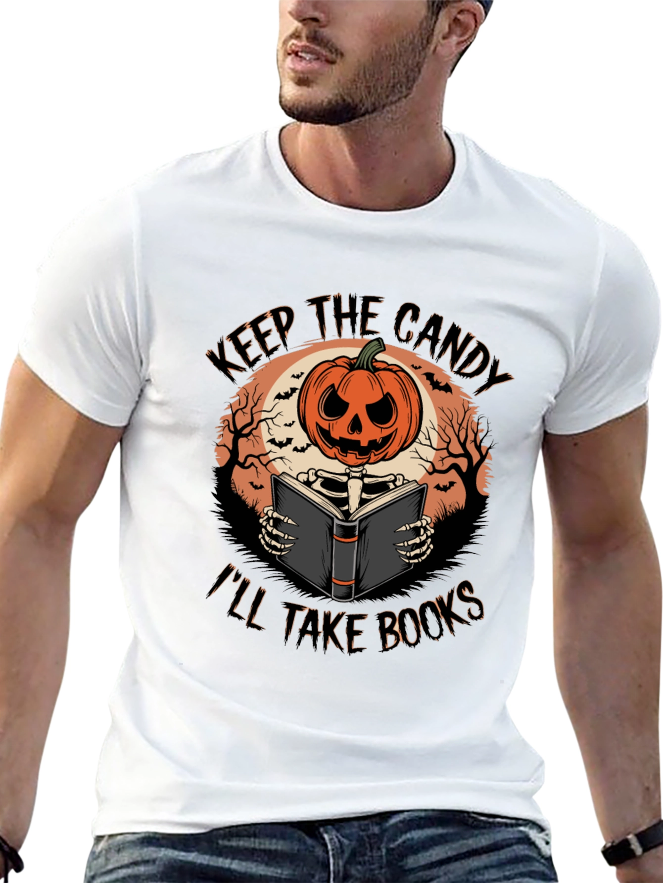 Halloween Pumpkin Skeleton Reading Book T-Shirt