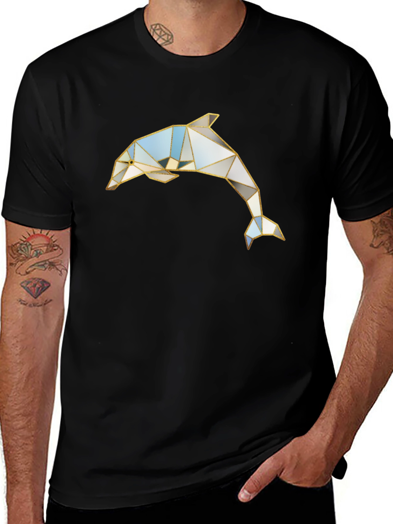 Geometric Dolphin Graphic Black T-Shirt