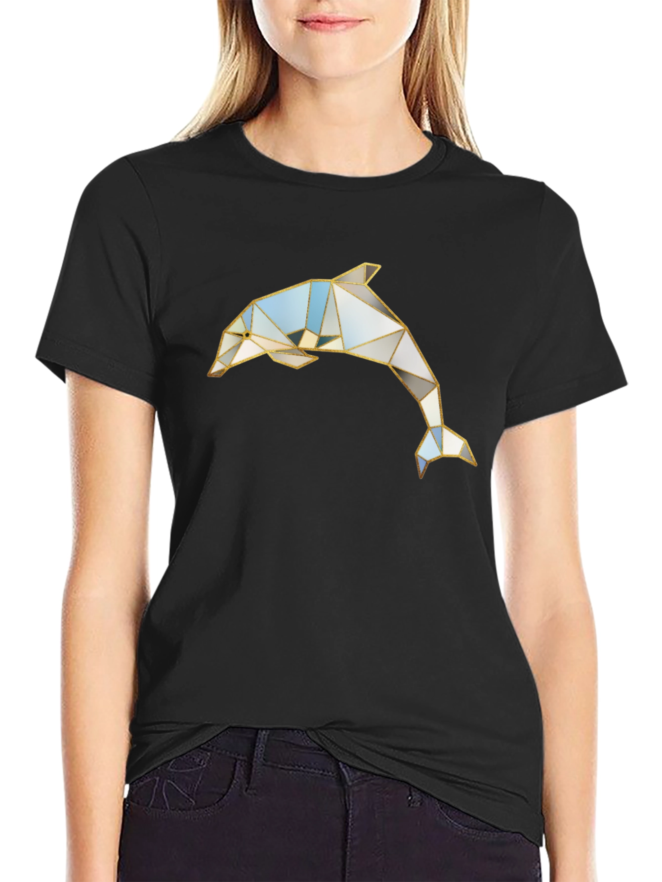Geometric Dolphin Graphic Black T-Shirt
