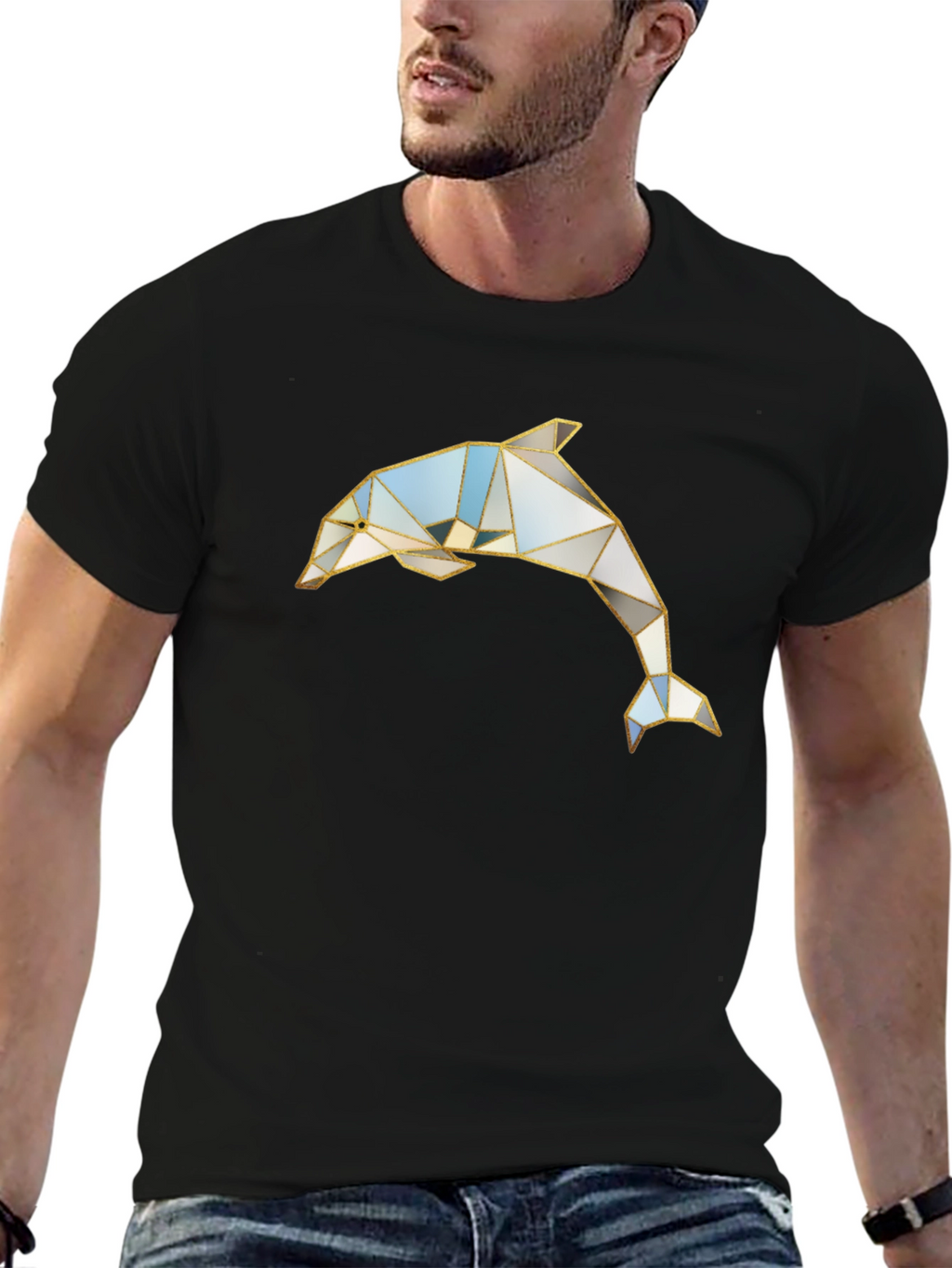 Geometric Dolphin Graphic Black T-Shirt