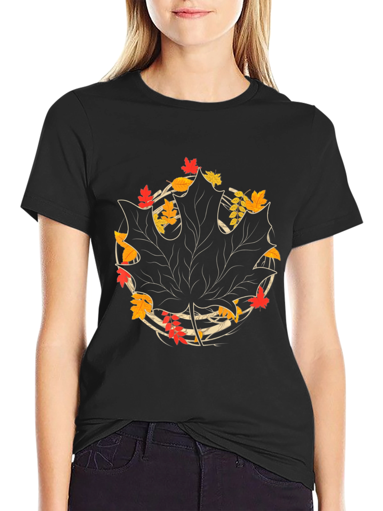 Autumn Leaf Graphic Tee - Black Cotton Casual Shirt