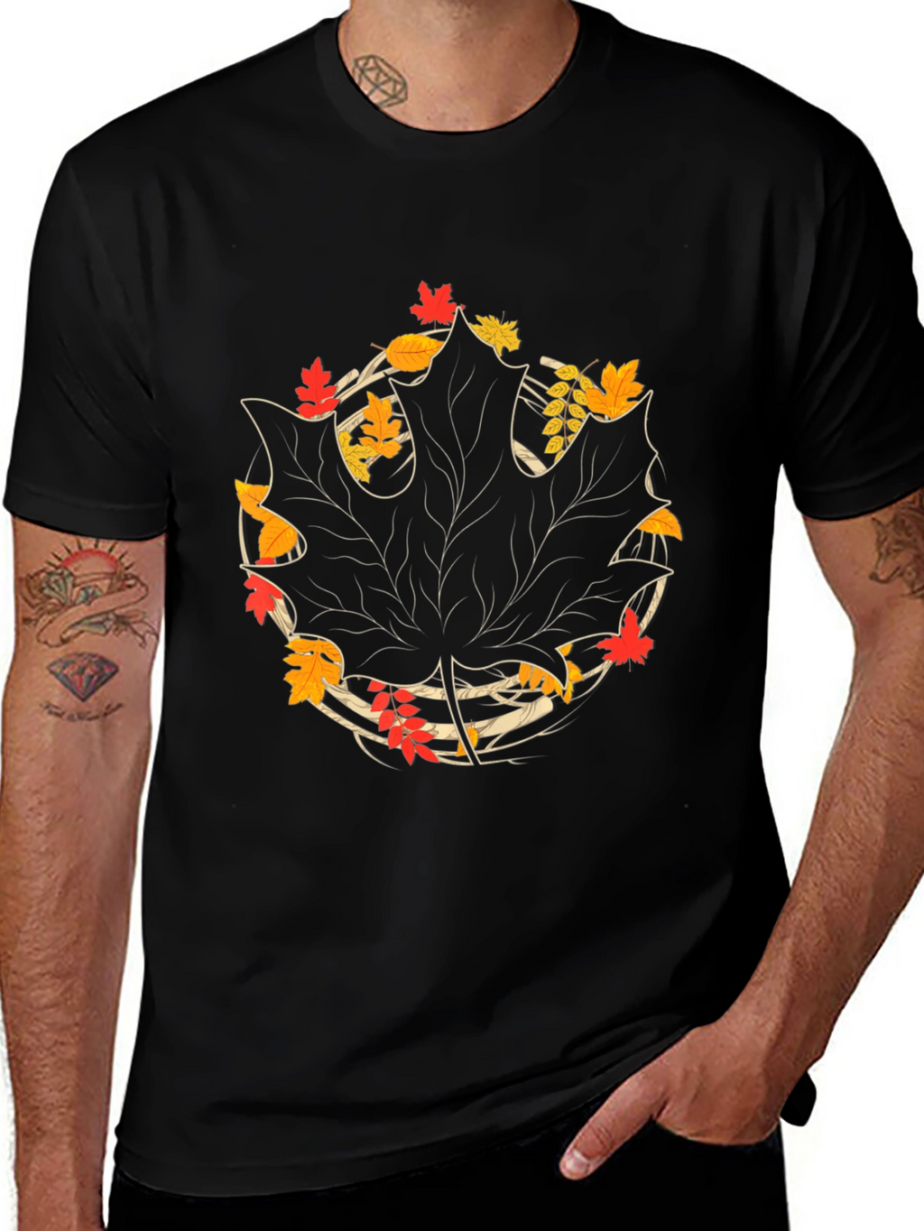 Autumn Leaf Graphic Tee - Black Cotton Casual Shirt