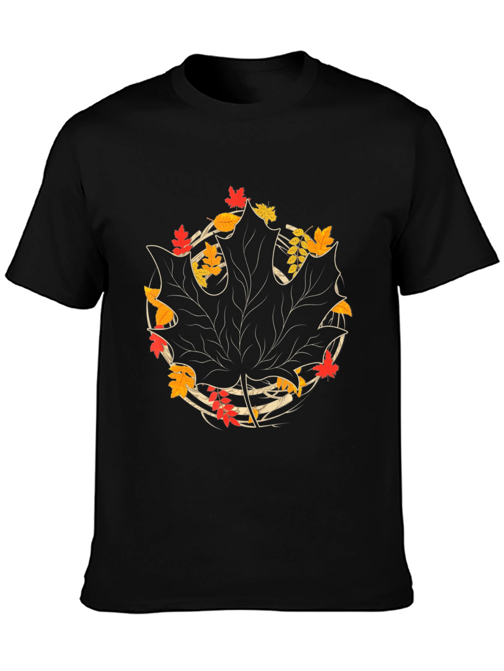 Autumn Leaf Graphic Tee - Black Cotton Casual Shirt