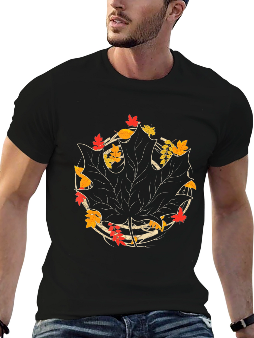 Autumn Leaf Graphic Tee - Black Cotton Casual Shirt