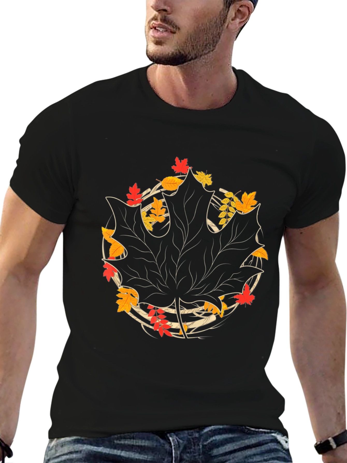 Autumn Leaf Graphic Tee - Black Cotton Casual Shirt