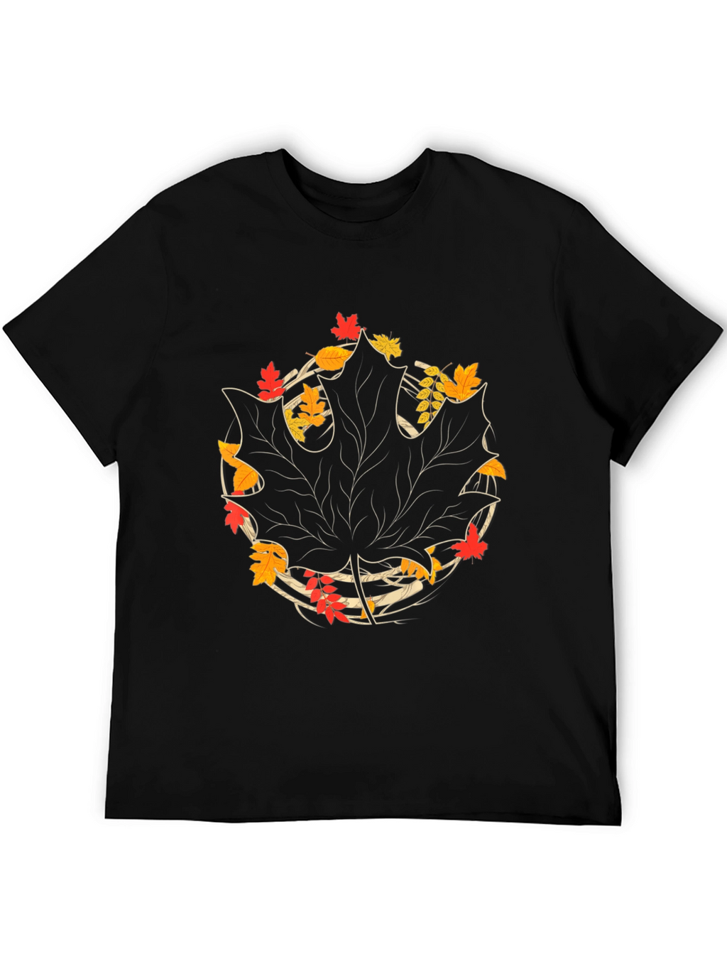 Autumn Leaf Graphic Tee - Black Cotton Casual Shirt