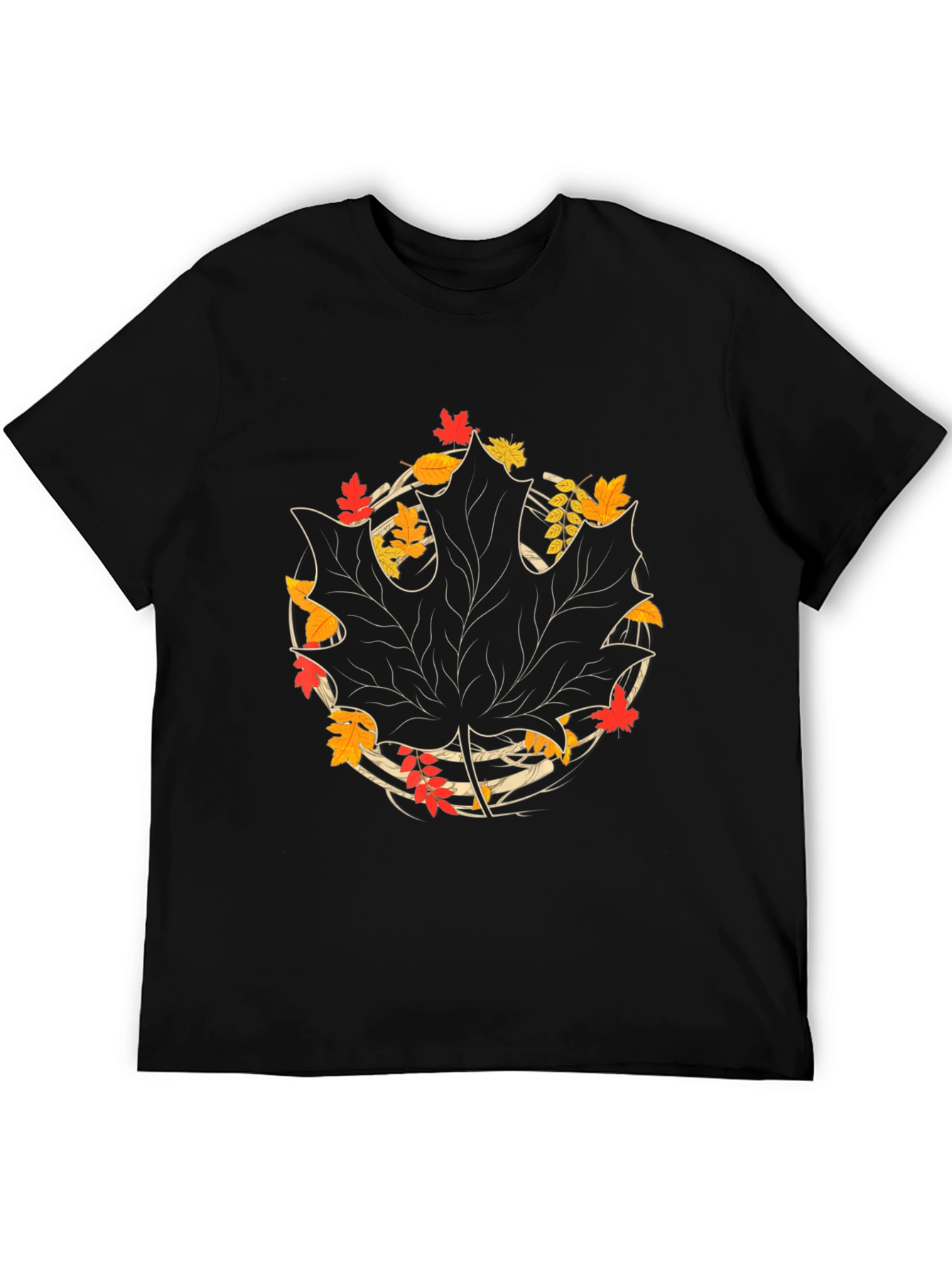Autumn Leaf Graphic Tee - Black Cotton Casual Shirt