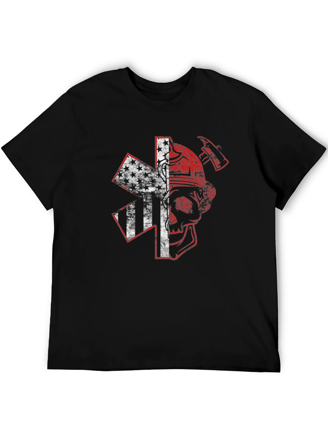 Firefighter Skull USA Flag Graphic T-Shirt
