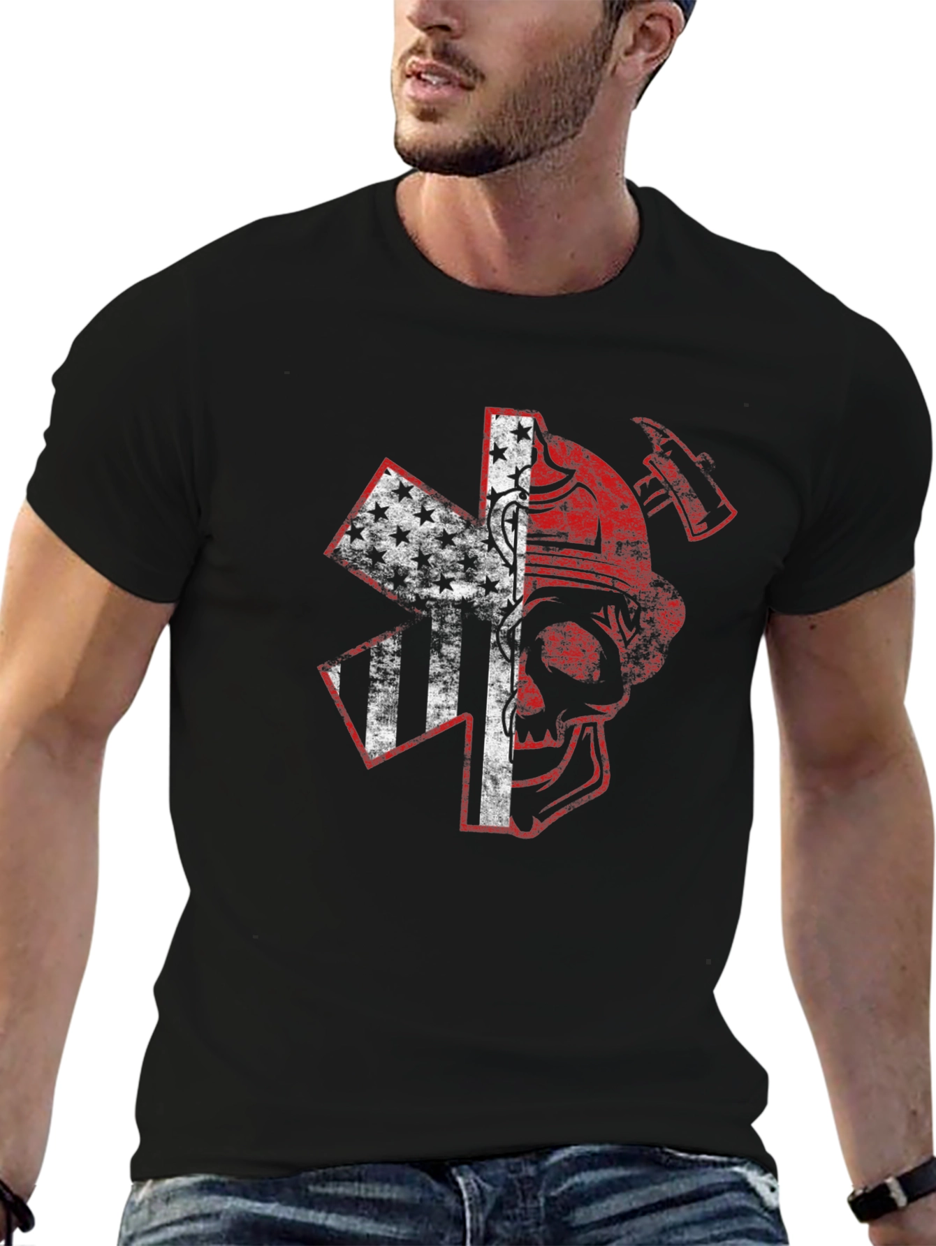 Firefighter Skull USA Flag Graphic T-Shirt