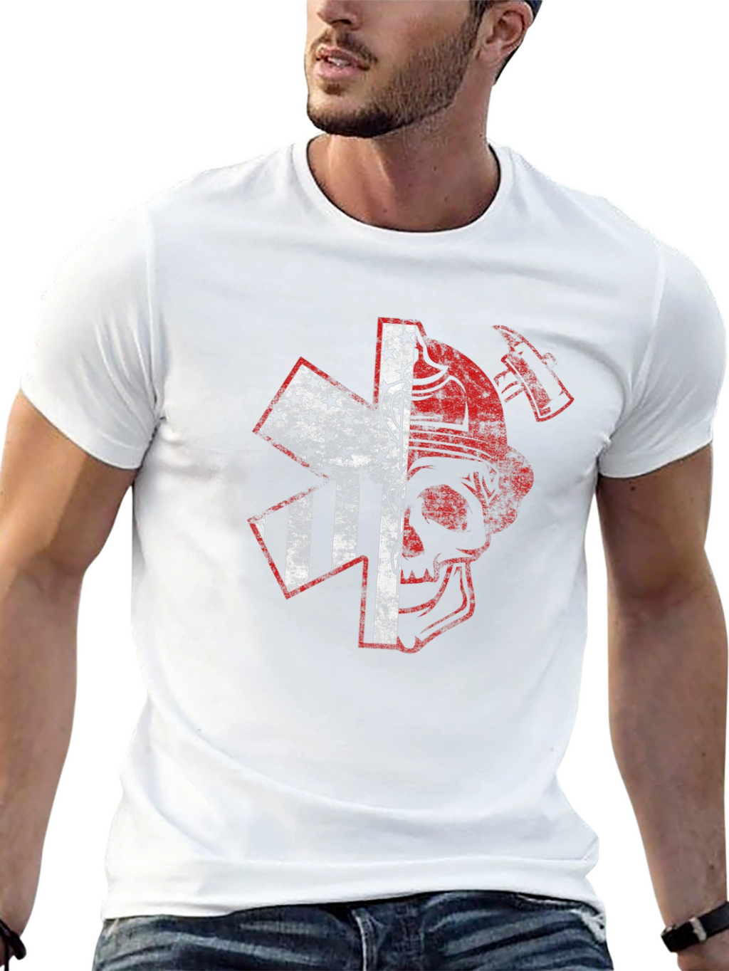 Firefighter Skull USA Flag Graphic T-Shirt