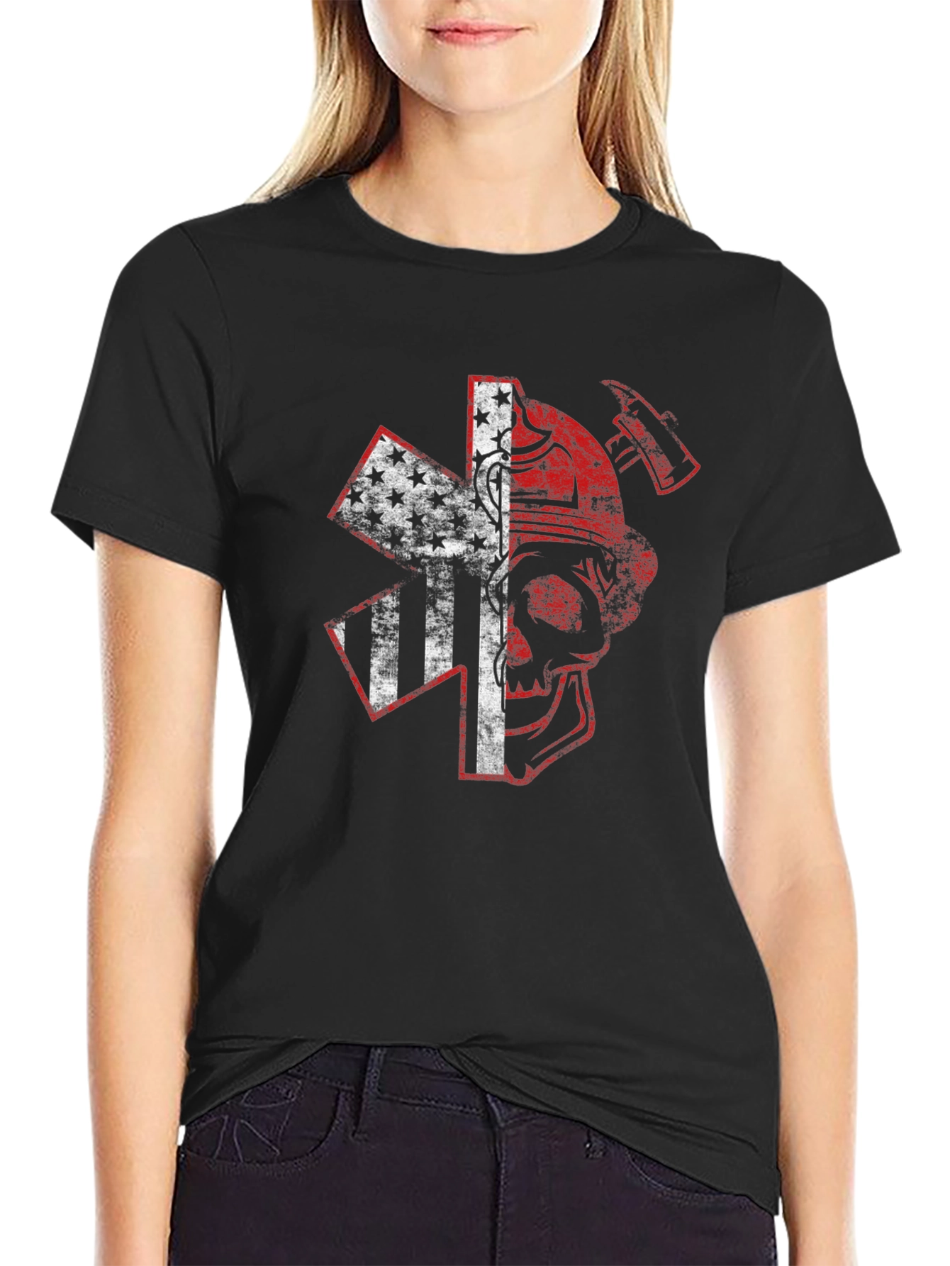 Firefighter Skull USA Flag Graphic T-Shirt