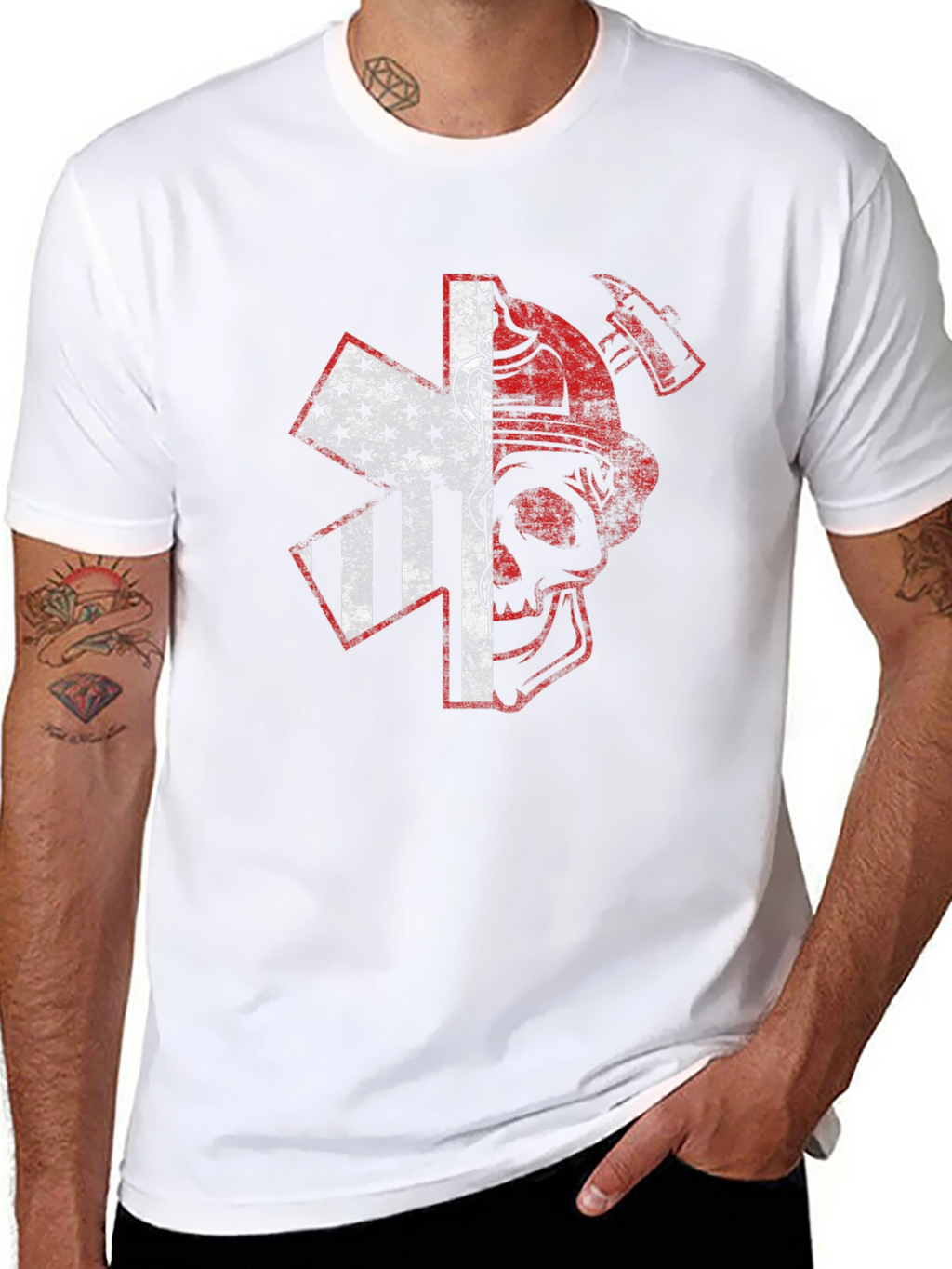Firefighter Skull USA Flag Graphic T-Shirt