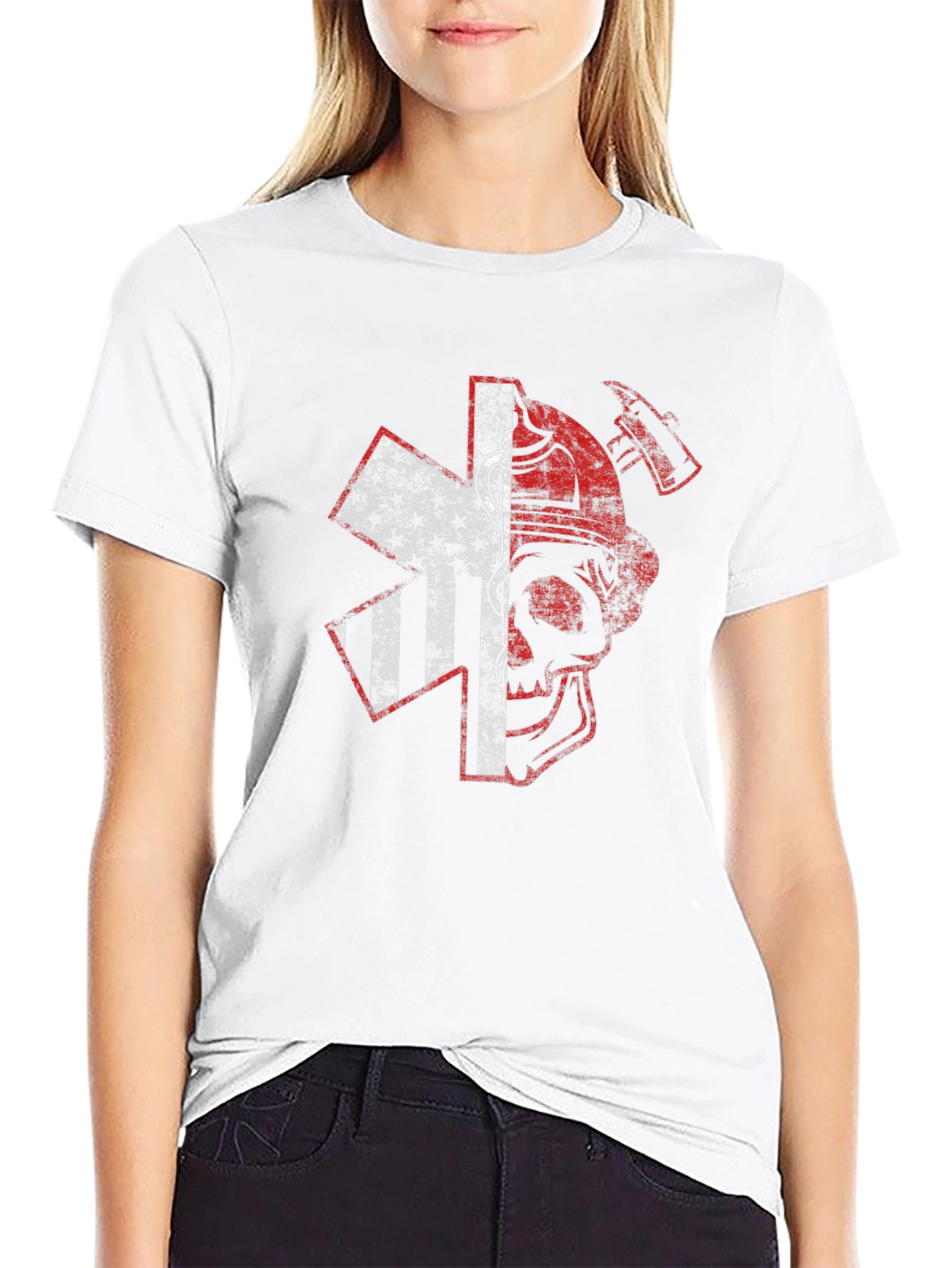 Firefighter Skull USA Flag Graphic T-Shirt