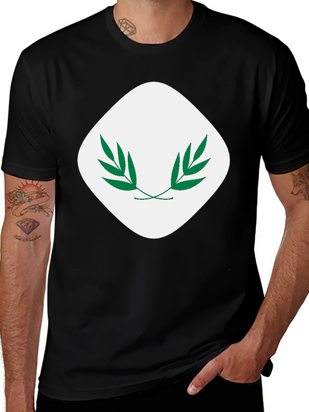 Modern Black T-Shirt with Leaf Emblem
