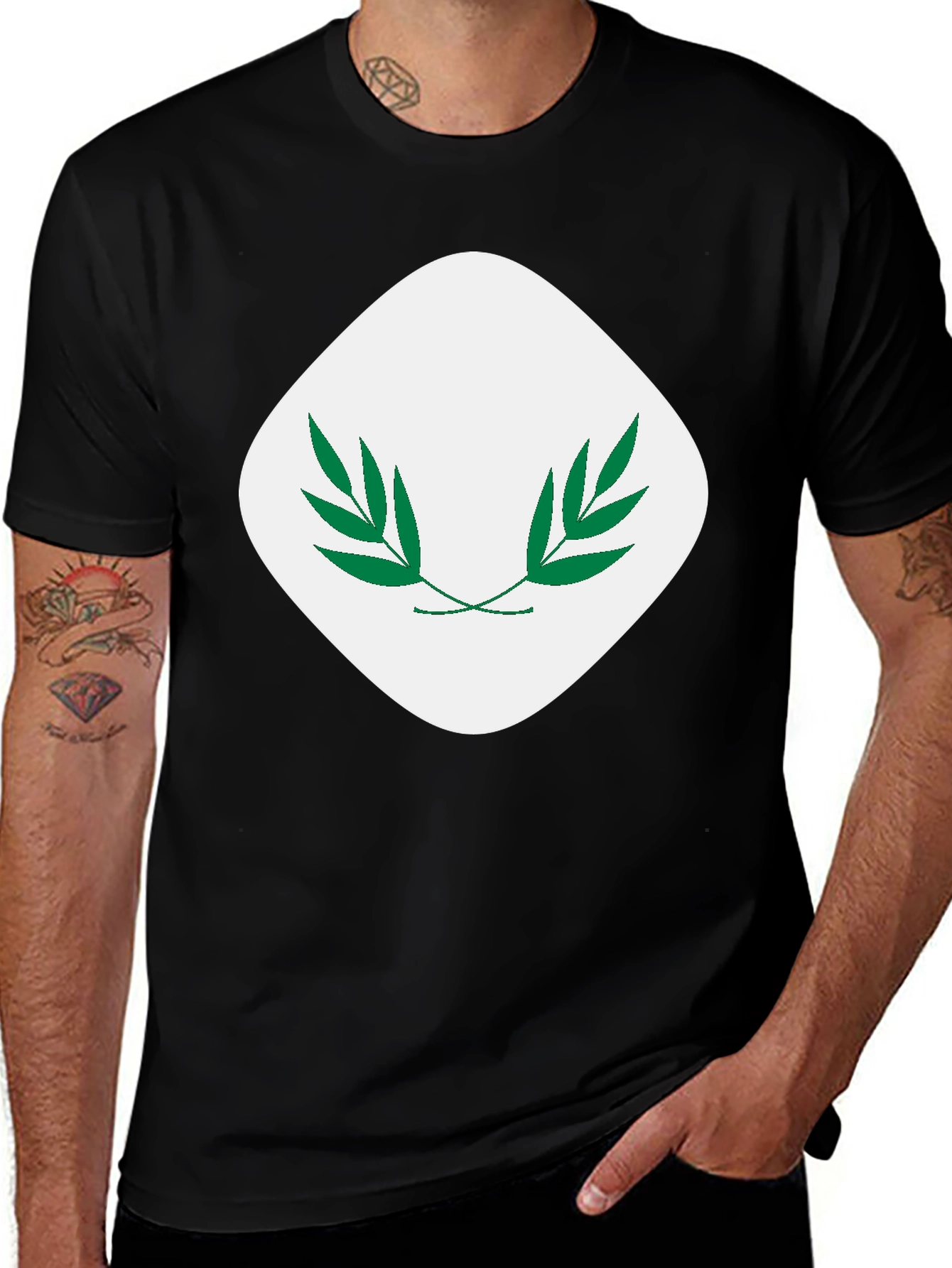 Modern Black T-Shirt with Leaf Emblem