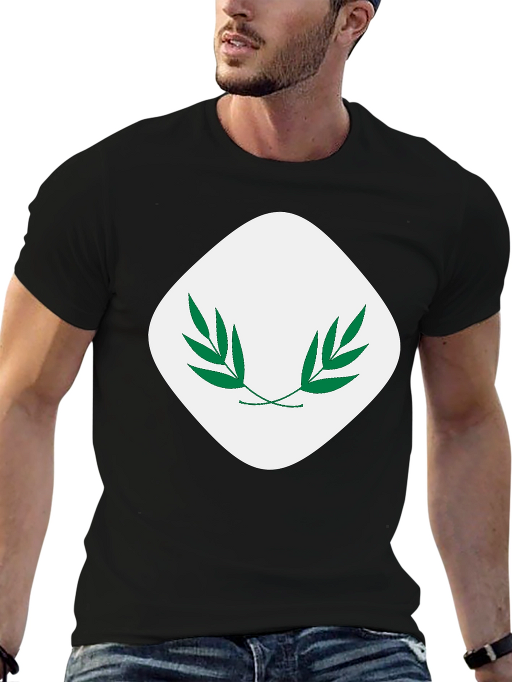 Modern Black T-Shirt with Leaf Emblem