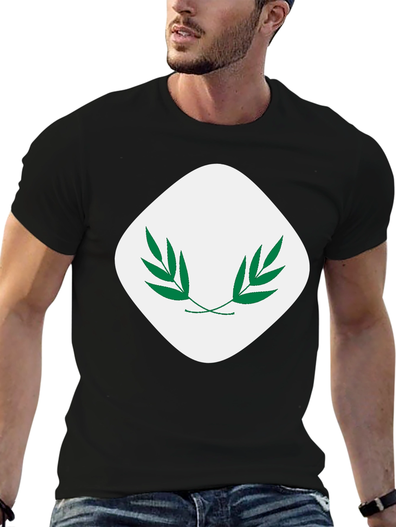 Modern Black T-Shirt with Leaf Emblem