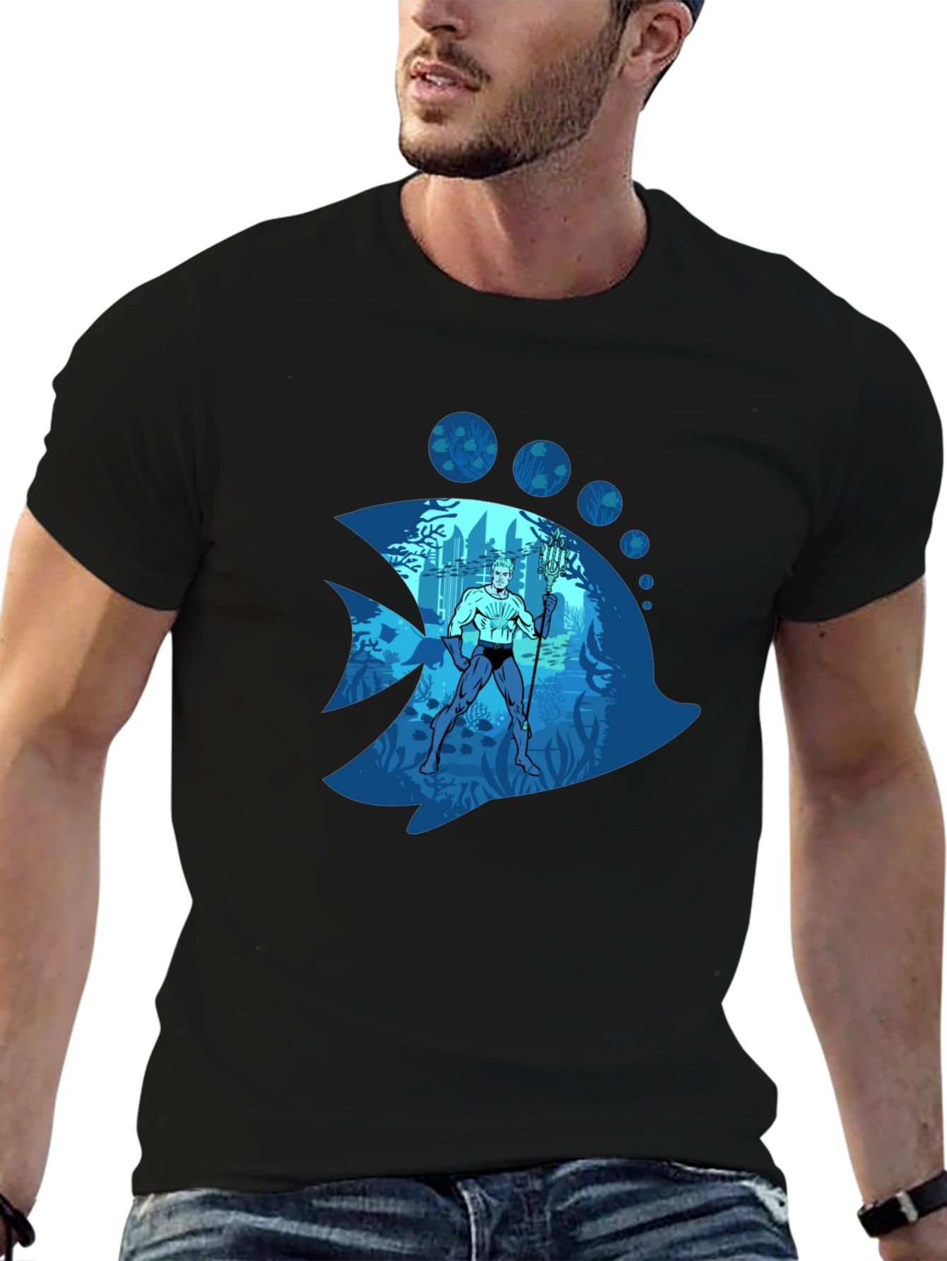 Aquaman Fish Graphic Tee - Black Cotton Blend