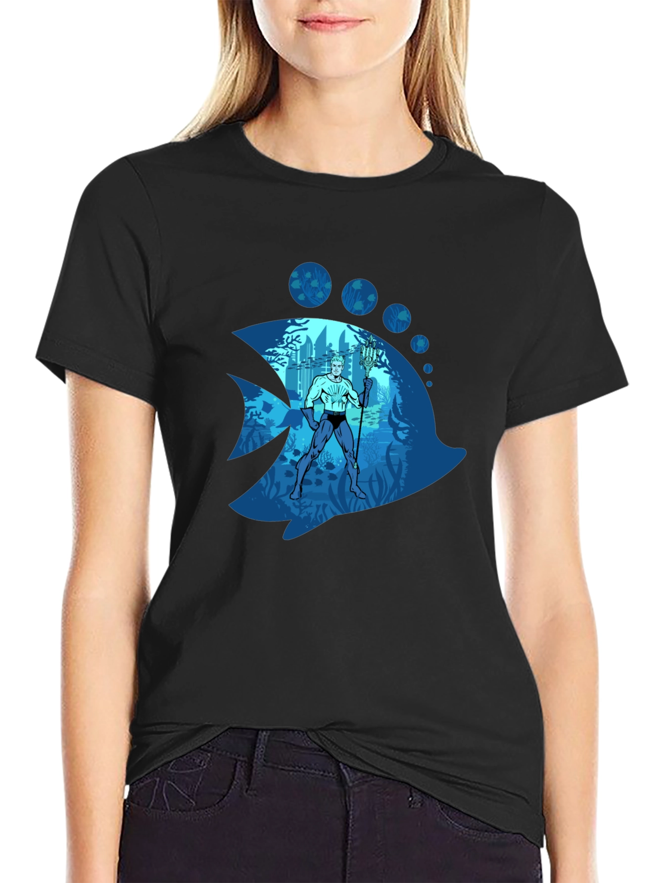 Aquaman Fish Graphic Tee - Black Cotton Blend